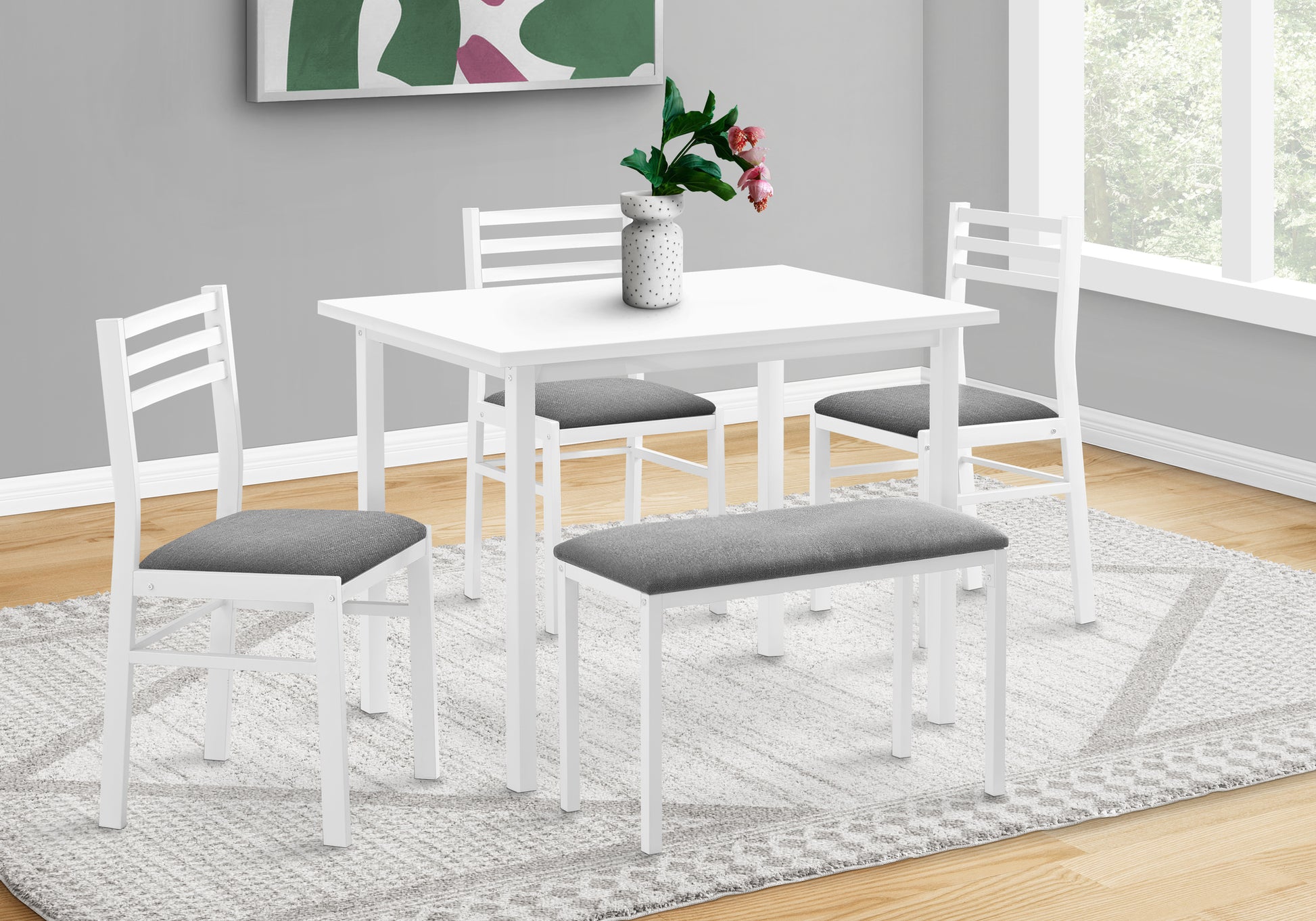 Dining Set, 5Pcs Set, 40" Rectangular, Kitchen, Small, White Metal And Laminate, Grey Fabric, Contemporary, Modern White Foam Metal