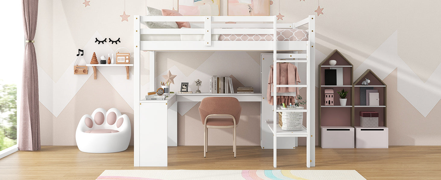 Full Size Loft Bed With L Shaped Desk, Wardrobe And Storage Shelves, White Expected Arrival Time: 8.31 Box Spring Not Required Full White Wood Bedroom Solid Wood Mdf