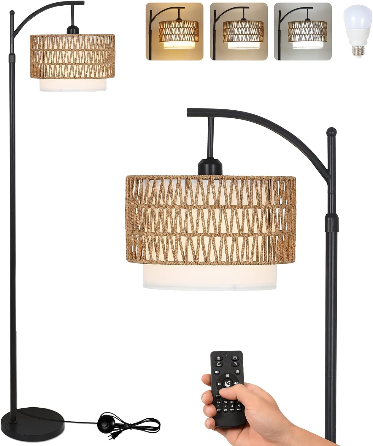 Arc Floor Lamp For Living Room With 3 Color Temperatures, Farmhouse Floor Lamps With Remote & Dimmable Bulb, Boho Standing Lamp With Rattan & Fabric Shades, Adjustable Tall Lamp For Bedroom, Office Brown Black Rattan Metal