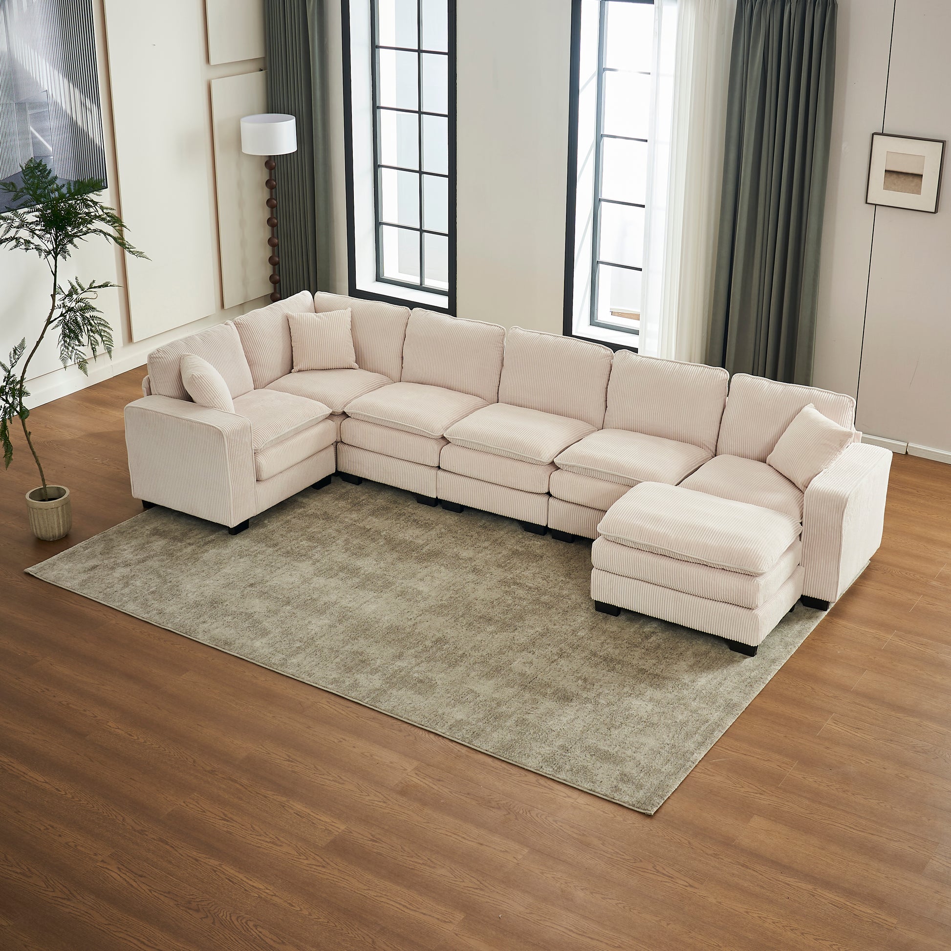 Modern U Shaped 6 Seat Sectional Sofa Couch With One Ottoman And Three Toss Pillows ,Modular Sofa For Living Room,Corduroy Sofa White Corduroy 7 Seat