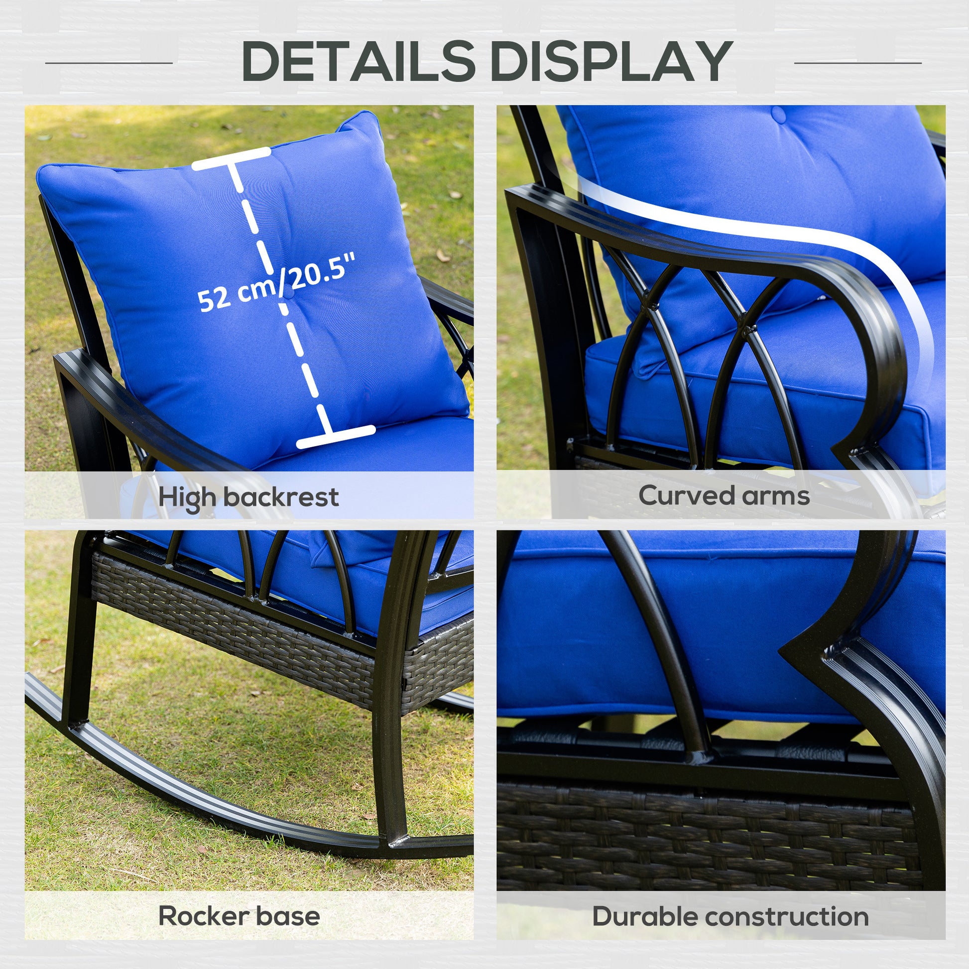 Outsunny Outdoor Wicker Rocking Chair With Padded Cushions, Aluminum Furniture Rattan Porch Rocker Chair W Armrest For Garden, Patio, And Backyard, Blue Blue Aluminum