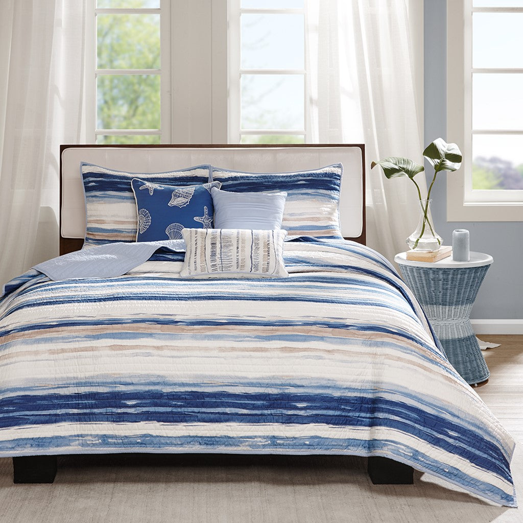 6 Piece Printed Quilt Set With Throw Pillows Blue Full Queen Full Blue Cotton