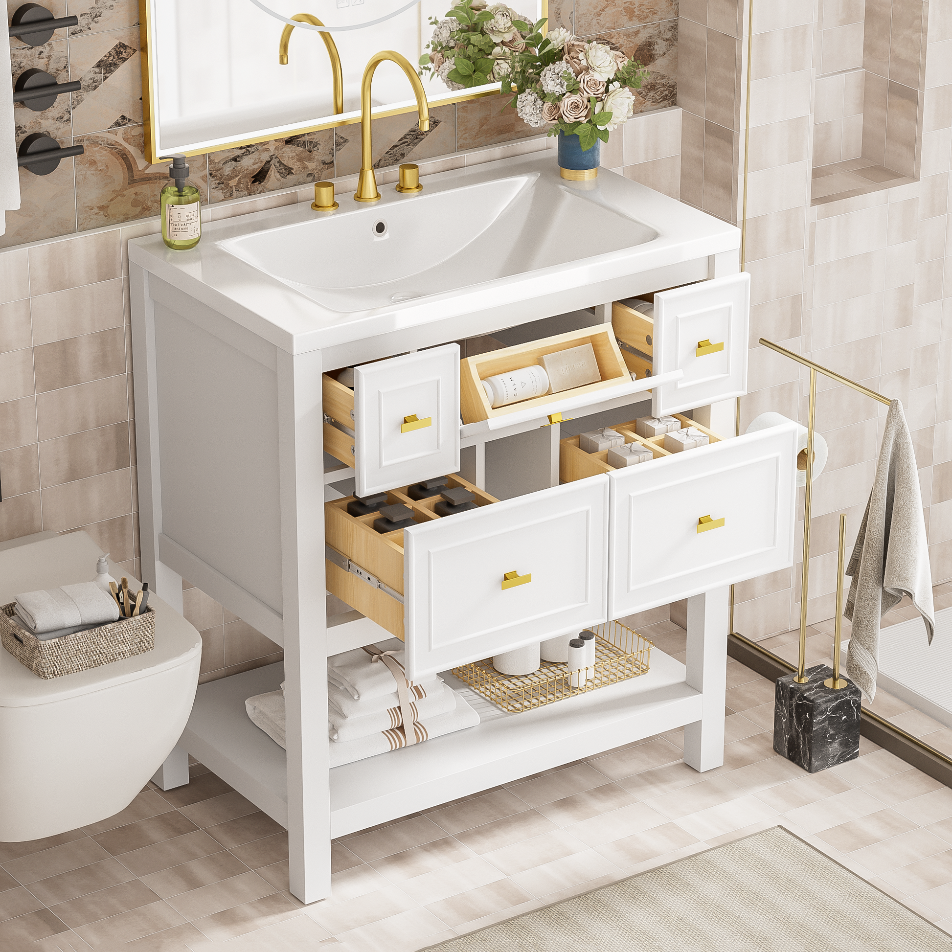 30'' Bathroom Vanity With Resin Sink Combo, Free Standing Single Vanity Set With 5 Drawers, Solid Wood Frame Bathroom Storage Cabinet, White 4 White 1 Bathroom Freestanding Modern Solid Wood Mdf Resin Painted