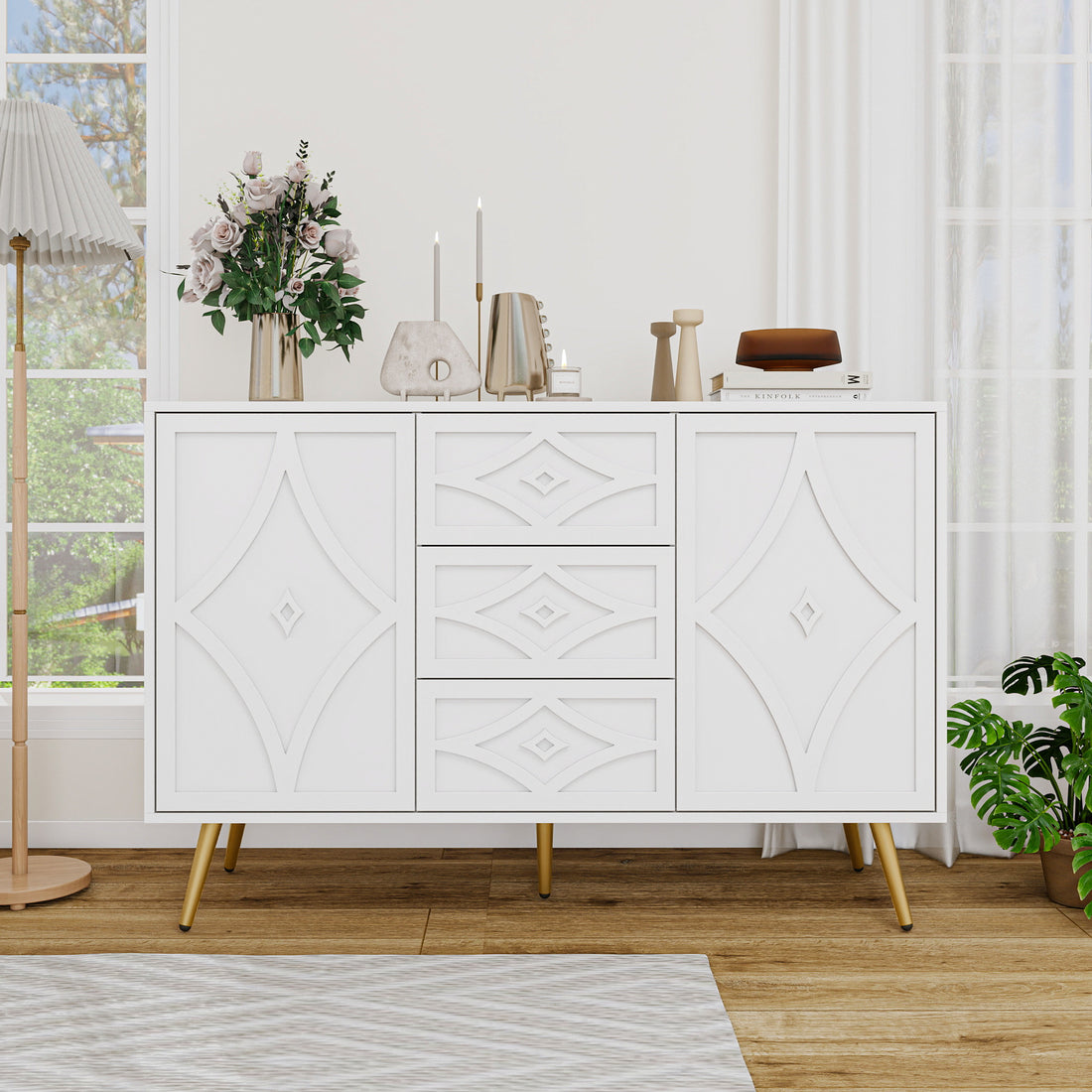 2 Door 3 Drawer Storage Cabinet Buffet Cabinet ,Sideboard With Adjustable Shelf,47.24" Kitchen Cabinet With 3 Drawer ,Storage Cabinet For Living Room Kitchen Dining Room Entrance White Particle Board Mdf