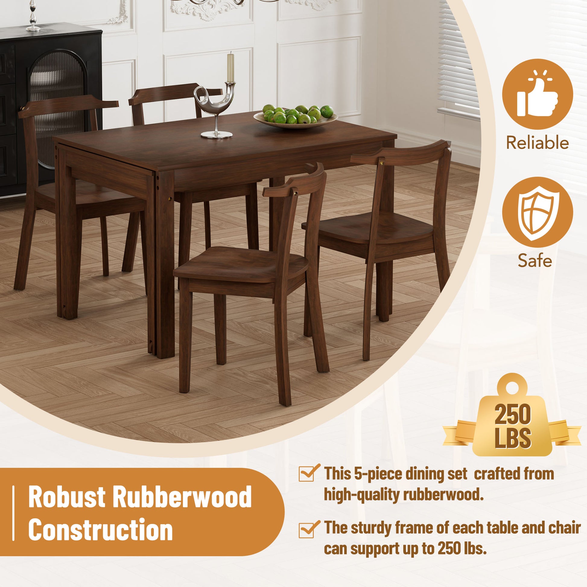 Farmhouse 65" 5 Piece Extendable Dining Table Set With Wheels Kitchen Table Set With 17.7" Pull Out Side Table And Dining Chairs For Small Places, Brown Wood Wood Brown Solid Back Wood Dining Room Solid Wood Rubberwood Rectangular Rectangular Dining