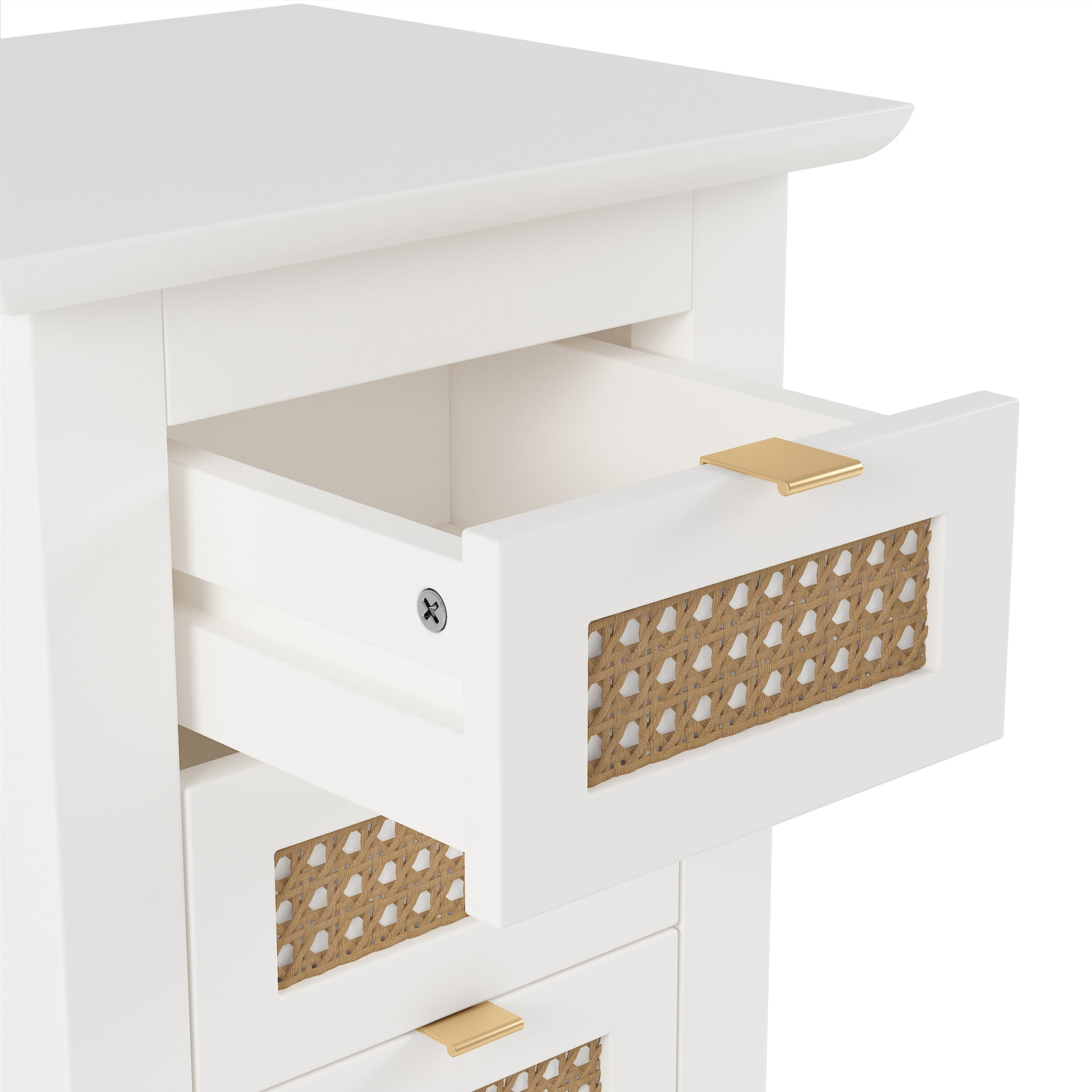 Wooden Nightstands Set Of 2 With Rattan Woven Surfaces And Three Drawers, Exquisite Elegance With Natural Storage Solutions For Bedroom, White White Particle Board