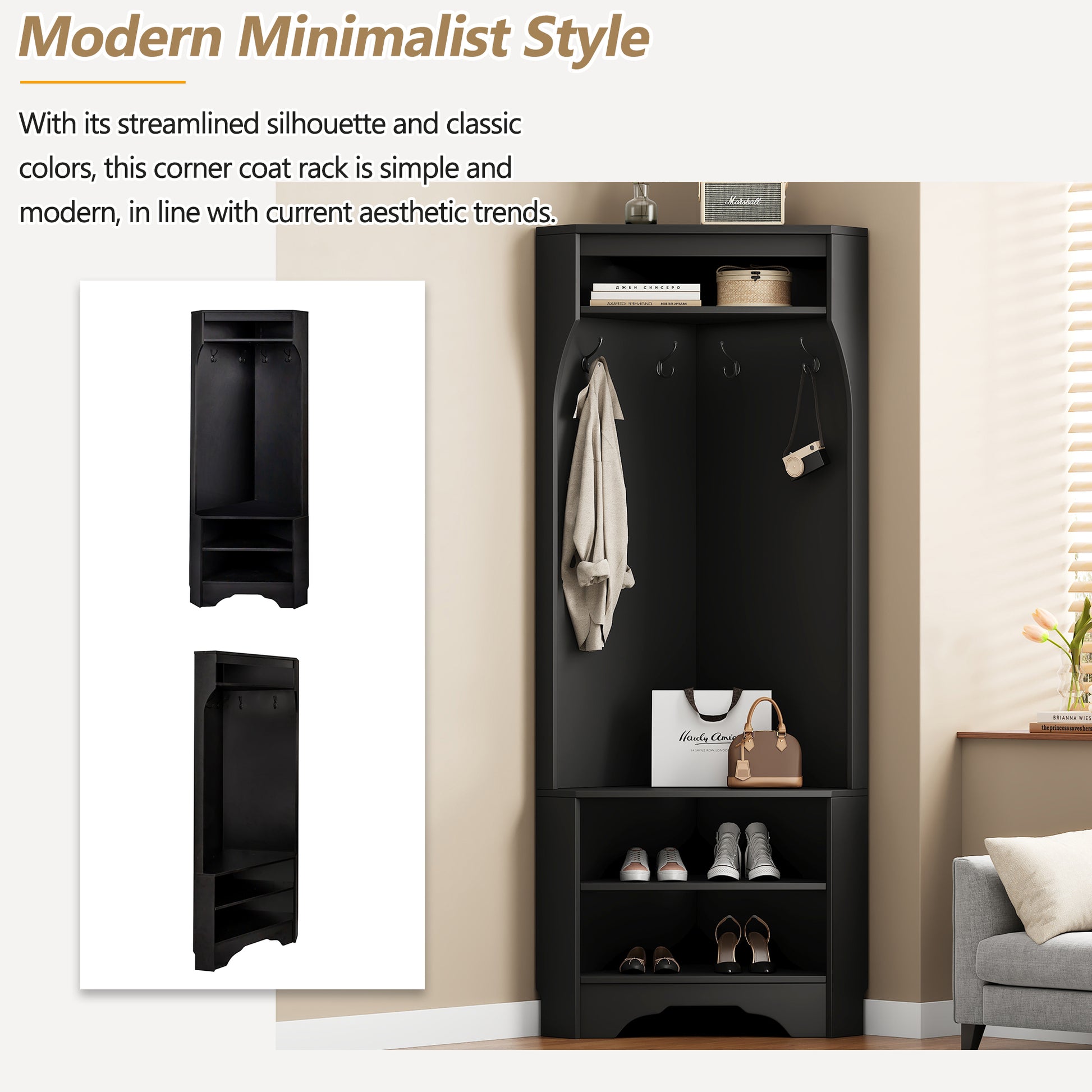 Minimalist Corner Hall Tree With Shoe Bench, Versatile Entryway Coat Rack With 4 Hooks, Corner Cabinet With Adjustable Shelf For Hallway, Living Room, Black, 29.5''W*71.6''H Black Particle Board