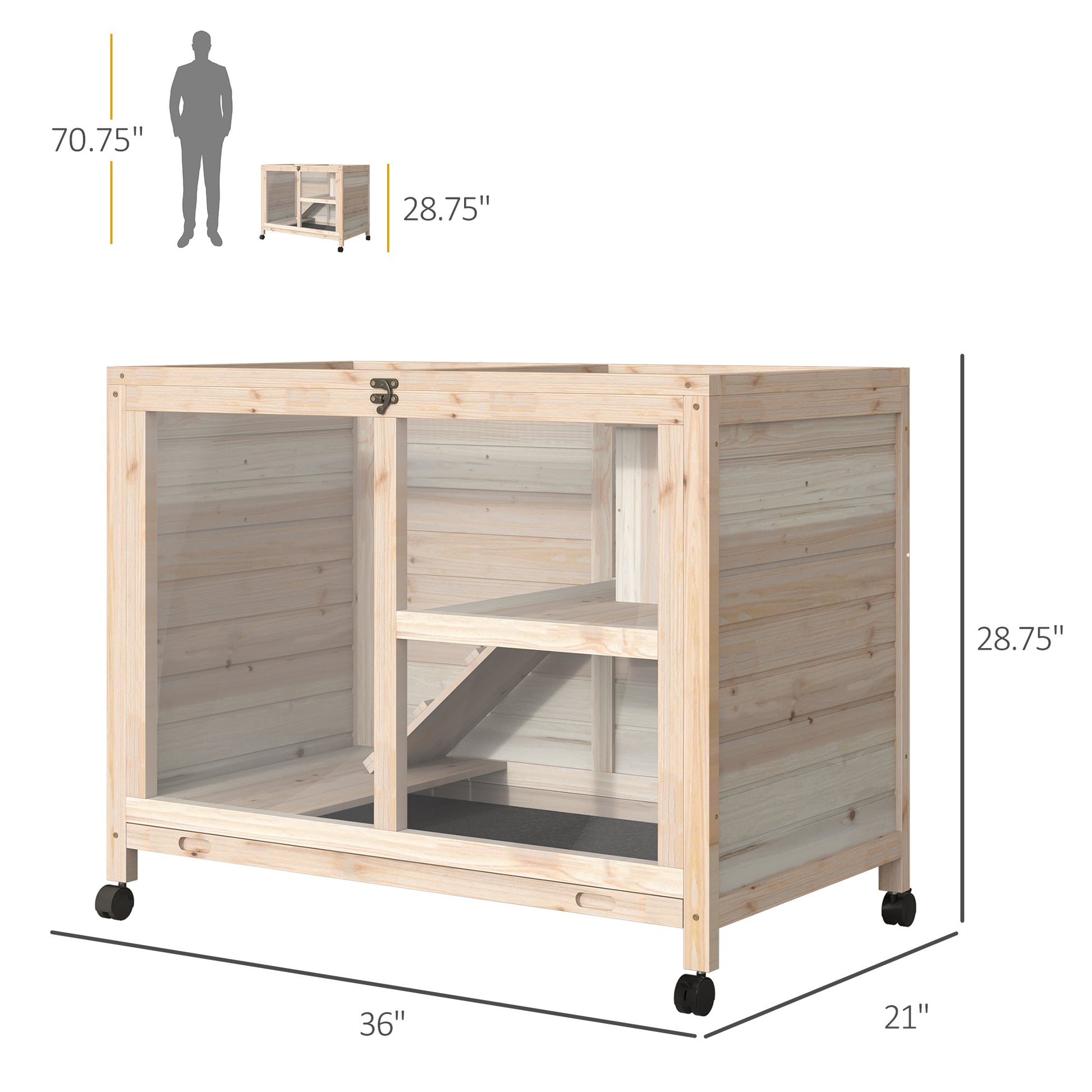 Pawhut Indoor Rabbit Hutch With Wheels, Desk And Side Table Sized, Wood Rabbit Cage, Waterproof Small Rabbit Cage, Natural Natural Wood Wood