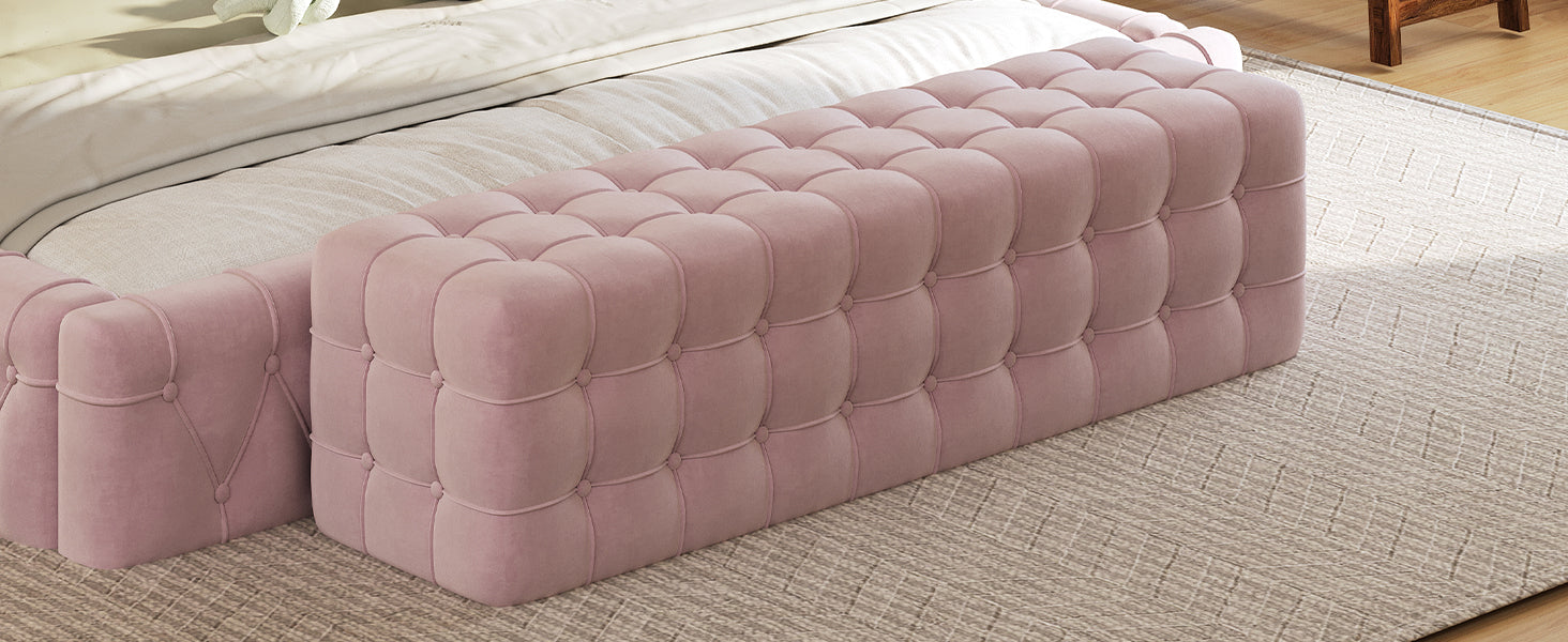 All Covered Velvet Upholstered Ottoman, Rectangular Footstool, Bedroom Footstool, No Assembly Required, Elegant And Luxurious, Pink Pink Mdf