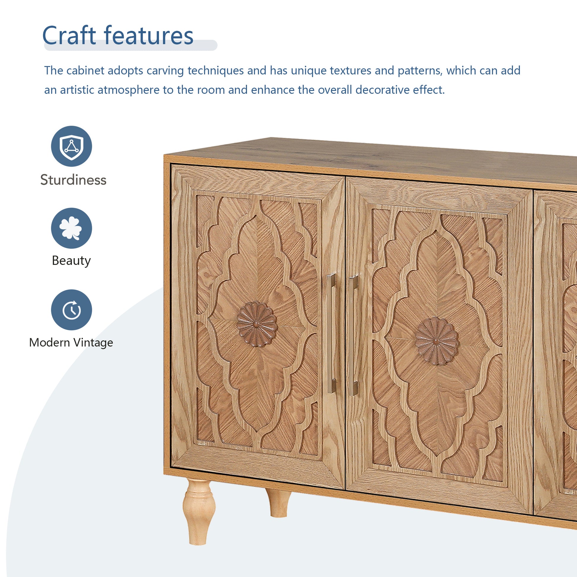 Carved Flower Door Large Storage Cabinet With Metal Handle Suitable For Living Room, Kitchen, Entryway Natural Wood Natural Wood Primary Living Space Mdf