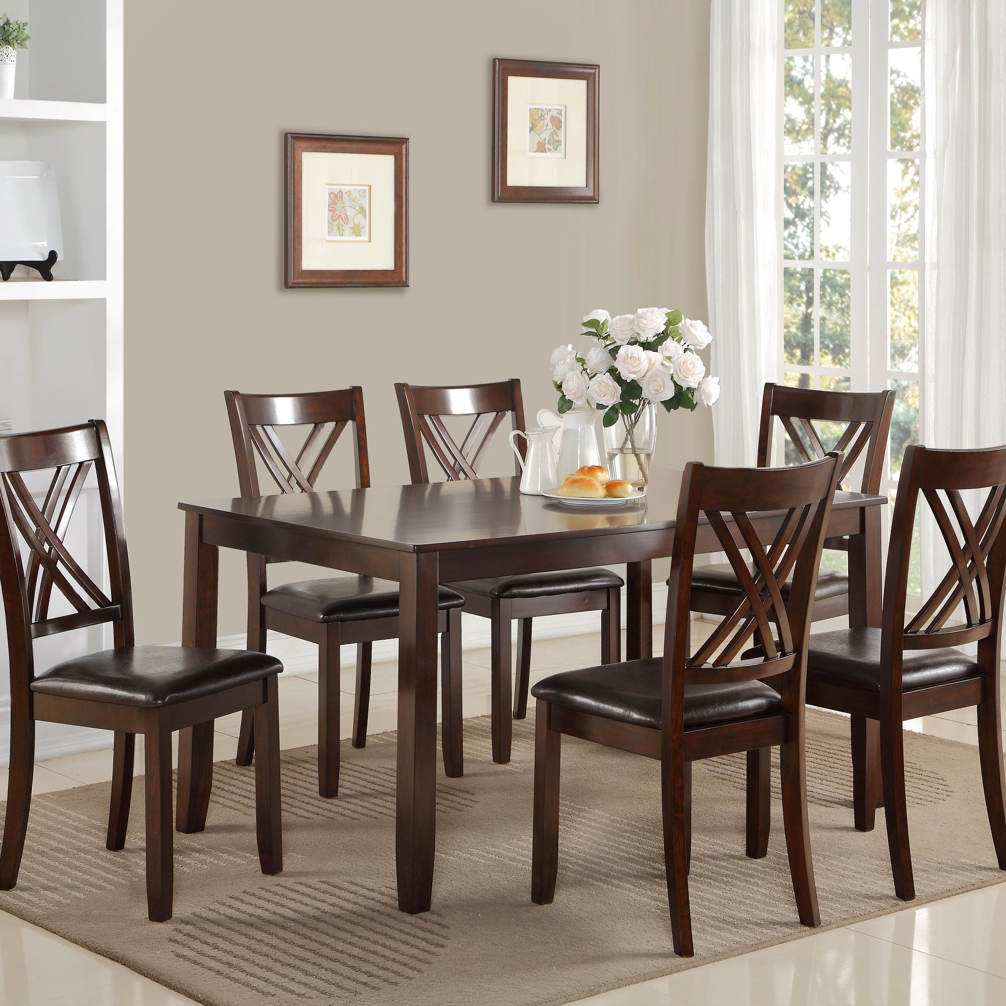 7 Pc Dinette Set Brown Espresso Finish Rectangular Table Pu Upholstered Chairs Transitional Dining Room Wooden Dining Set Furniture Wood Wood Brown Seats 6 Wood Dining Room 60 Inches Fixed Table Transitional 4 Leg Rectangular Dining Table With Chair Wood