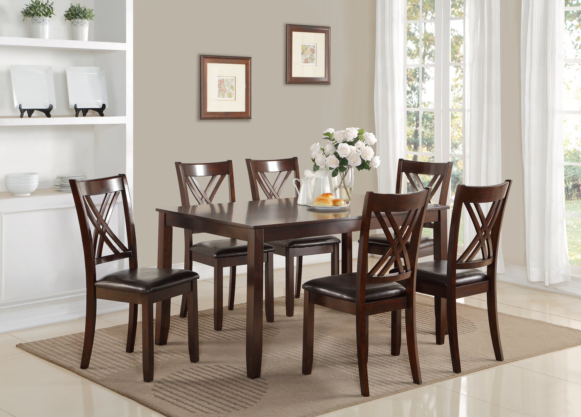 7 Pc Dinette Set Brown Espresso Finish Rectangular Table Pu Upholstered Chairs Transitional Dining Room Wooden Dining Set Furniture Wood Wood Brown Seats 6 Wood Dining Room 60 Inches Fixed Table Transitional 4 Leg Rectangular Dining Table With Chair Wood