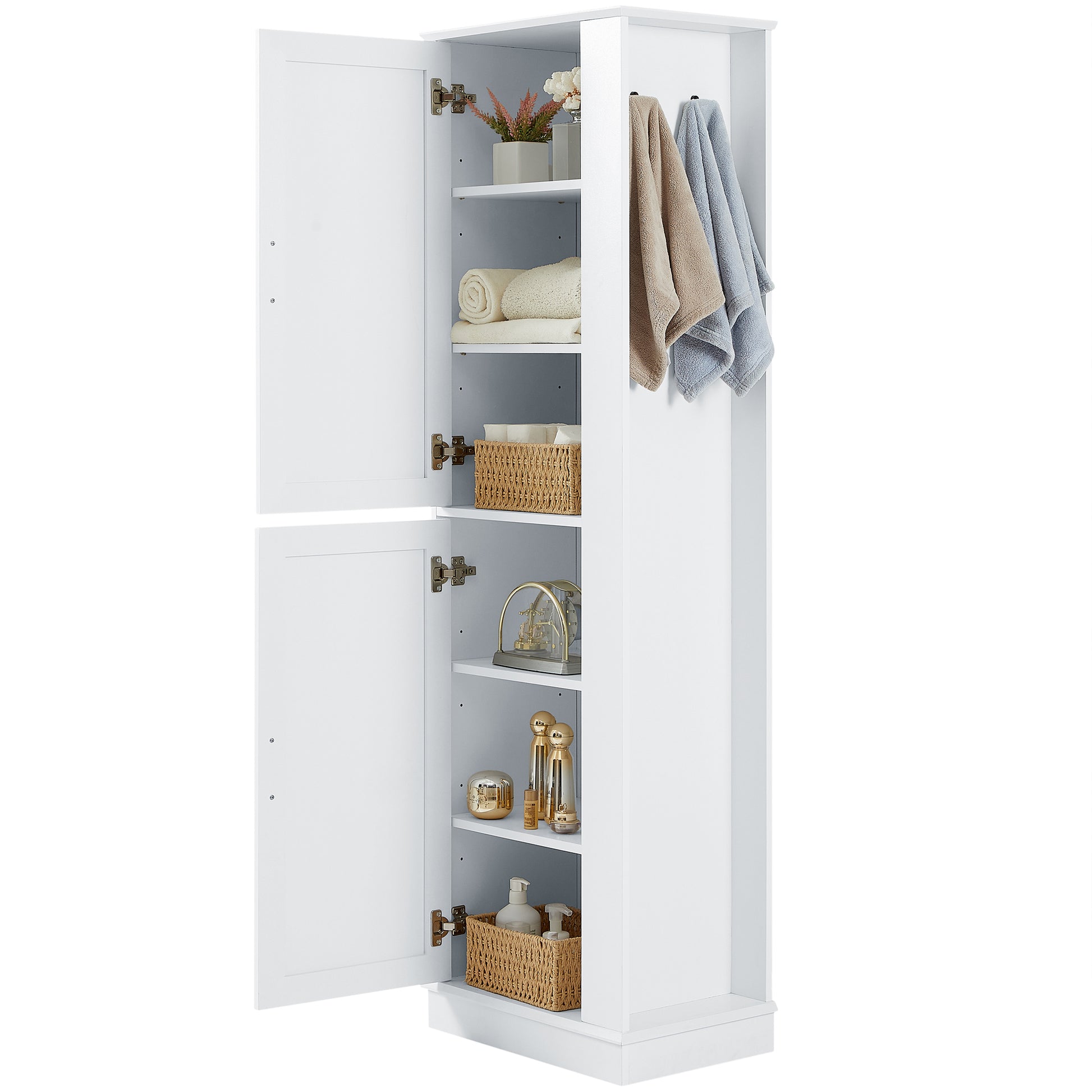 Tall Bathroom Storage Cabinet, Freestanding Storage Cabinet With Hook And Adjustable Shelf, Mdf Board, White White 2 Mdf