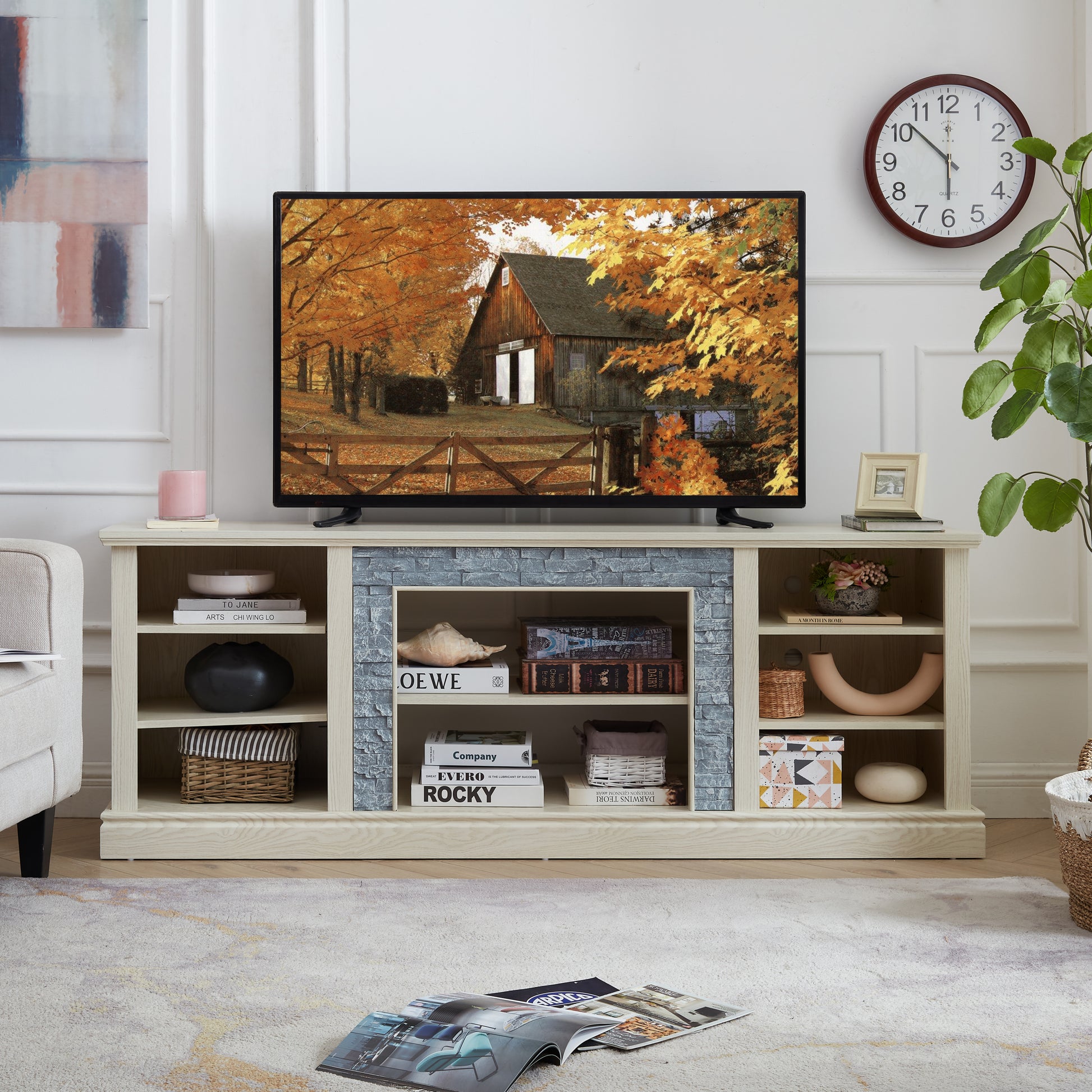 Large Tv Desk Storage Rack With Faux Stacked Stone Surround,Media Console Table With Large Storage Cabinet,Modern Tv Media Entertaionment Stand,White, 70.12"W*15.35"D*25.83"H White 70 79 Inches Mdf