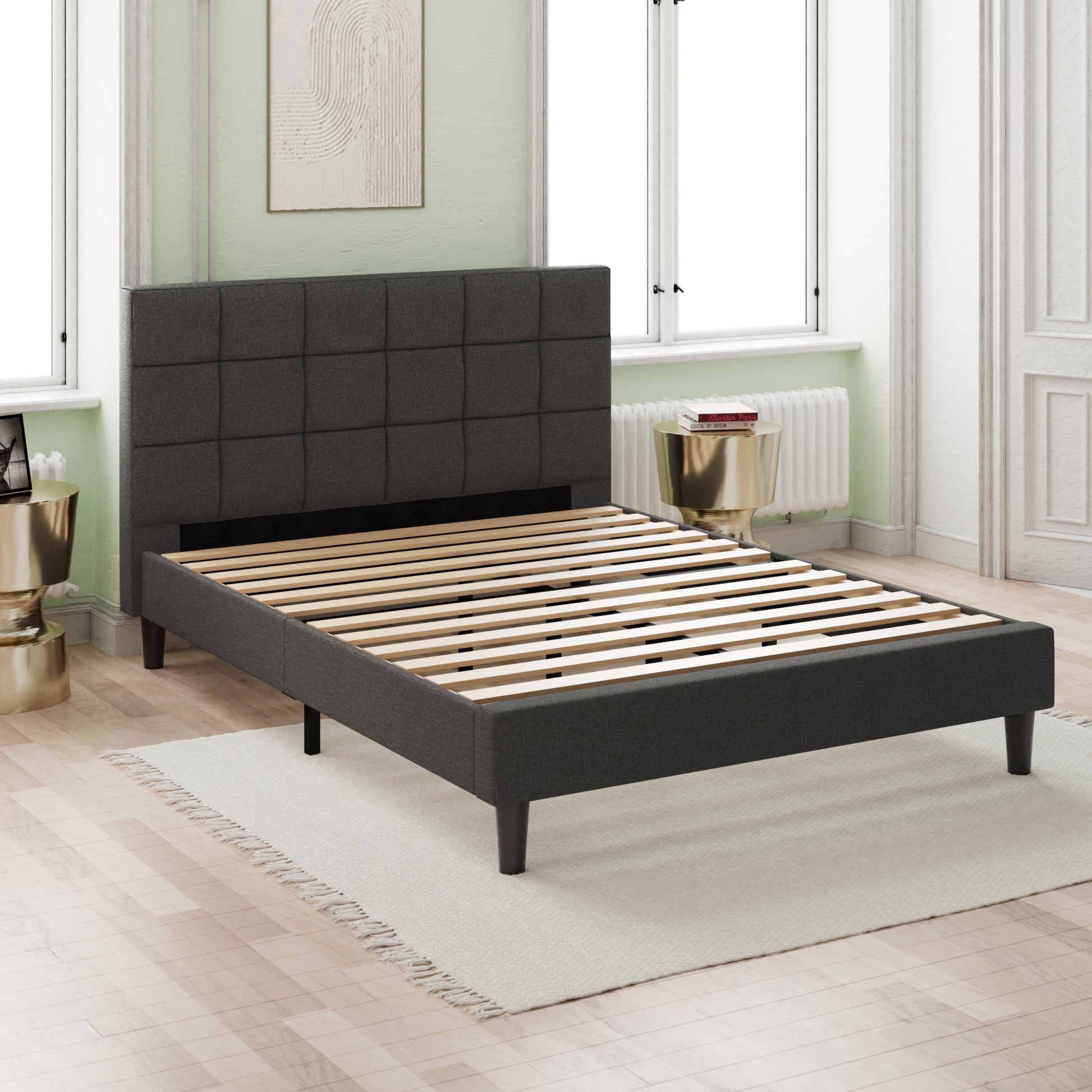 Upholstered Platform Bed Square Stitch Queen Grey Wood Upholstered