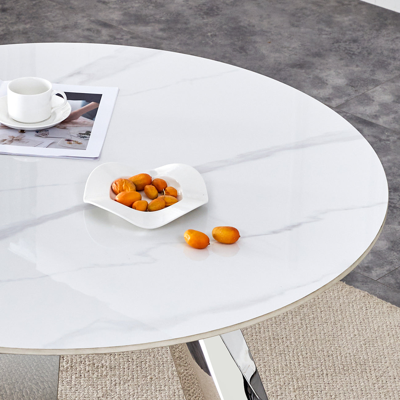 A 42 Inch Stainless Steel Leg Round Table With A Marble Top Is Suitable For Use By Four Or Six People Warm Grey,White Marble Metal,Sintered Stone