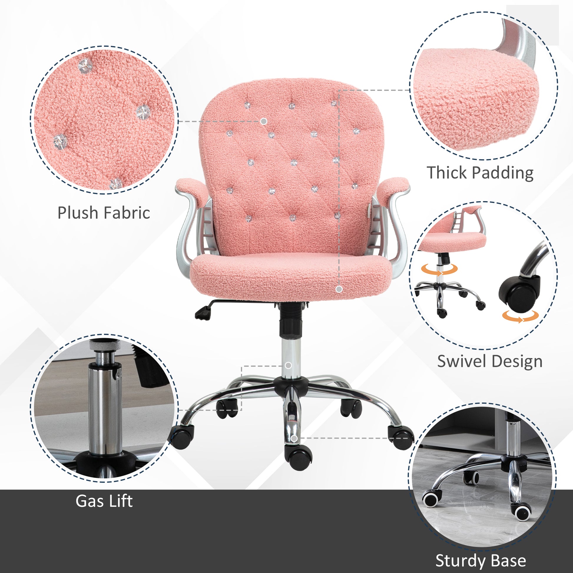 Vinsetto Teddy Fleece Home Office Chair, Button Tufted Desk Chair With Padded Armrests, Adjustable Height And Swivel Wheels, Pink Pink Steel