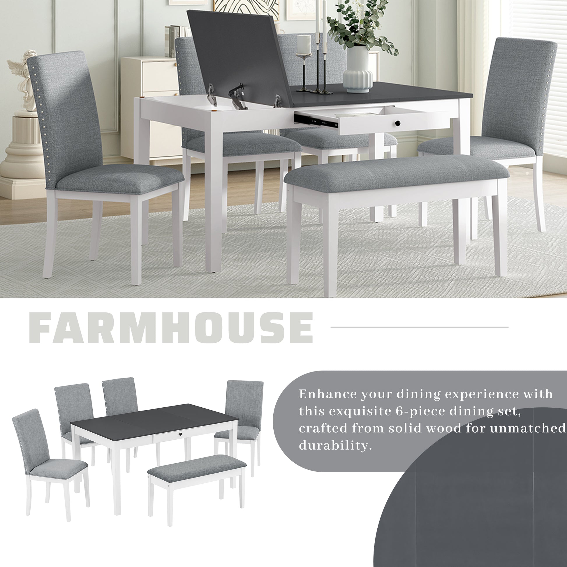 Farmhouse 6 Piece Dining Table Set With Storage Table, Kitchen Table Set With Drawer, Storable Bench And Upholstered Dining Chairs, White Gray White Wood Dining Room Bench Seating Acacia Rectangular Dining Table With Chair And Bench Upholstered Chair