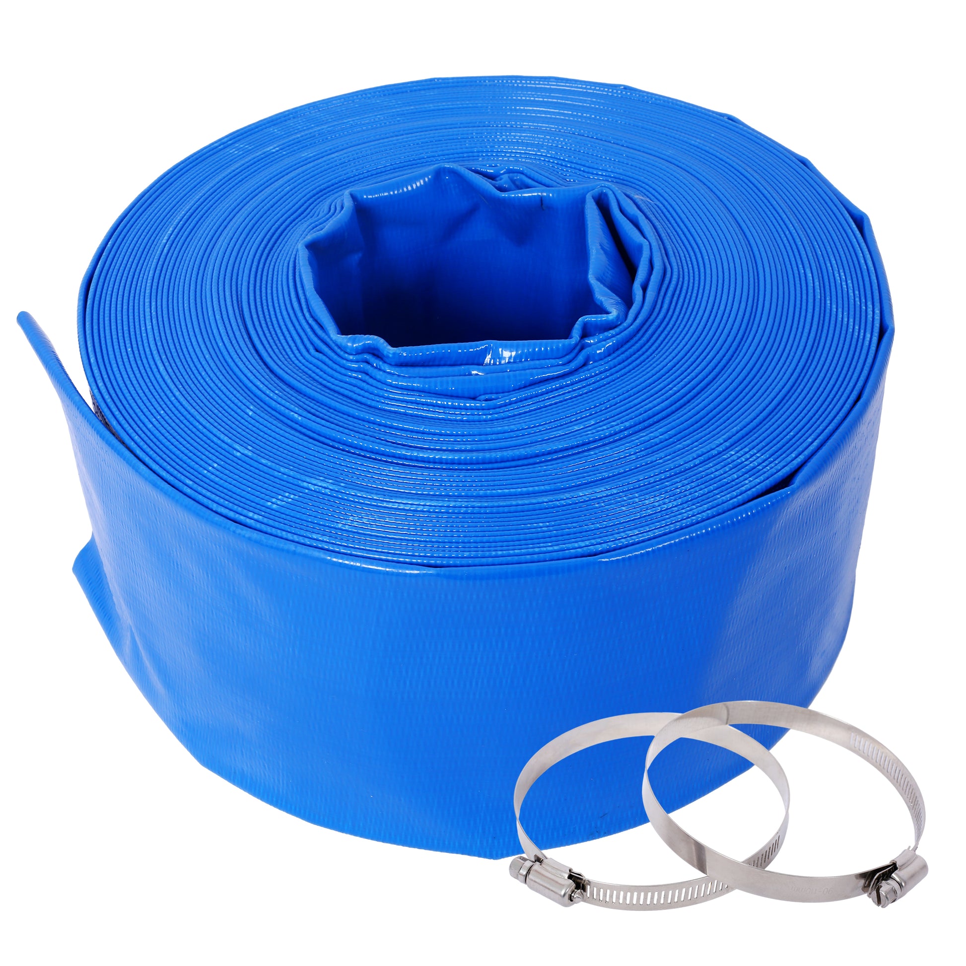 3"X100Ft Pool Backwash Hose, Blue Heavy Duty Reinforced Pvc Lay Flat Water Discharge Hose For Swimming Pool Filter Pump,With 2 Clamp Blue Pvc