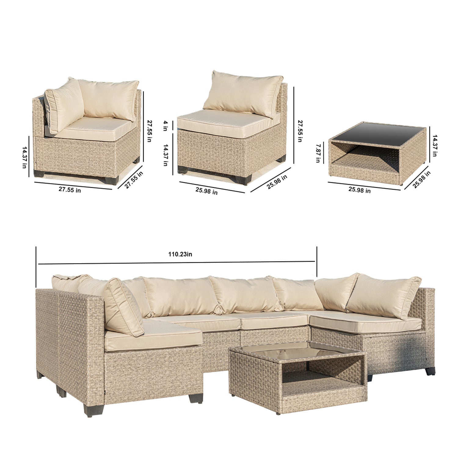 5 Piece Patio Furniture Set, All Weather Boho Outdoor Conversation Set Sectional Sofa With Water Resistant Grey Thick Cushions Beige Pe Rattan Iron Waterproof Fabric