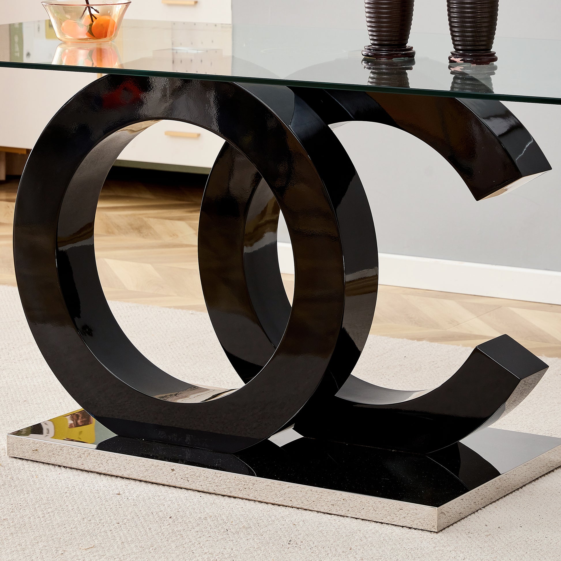 Table And Chair Set, Large Modern Minimalist Rectangular Glass Dining Table Suitable For 6 8 People, Equipped With 0.39 "Tempered Glass Tabletop, Mdf Oc Shaped Bracket, And Metal Base. Black Glass