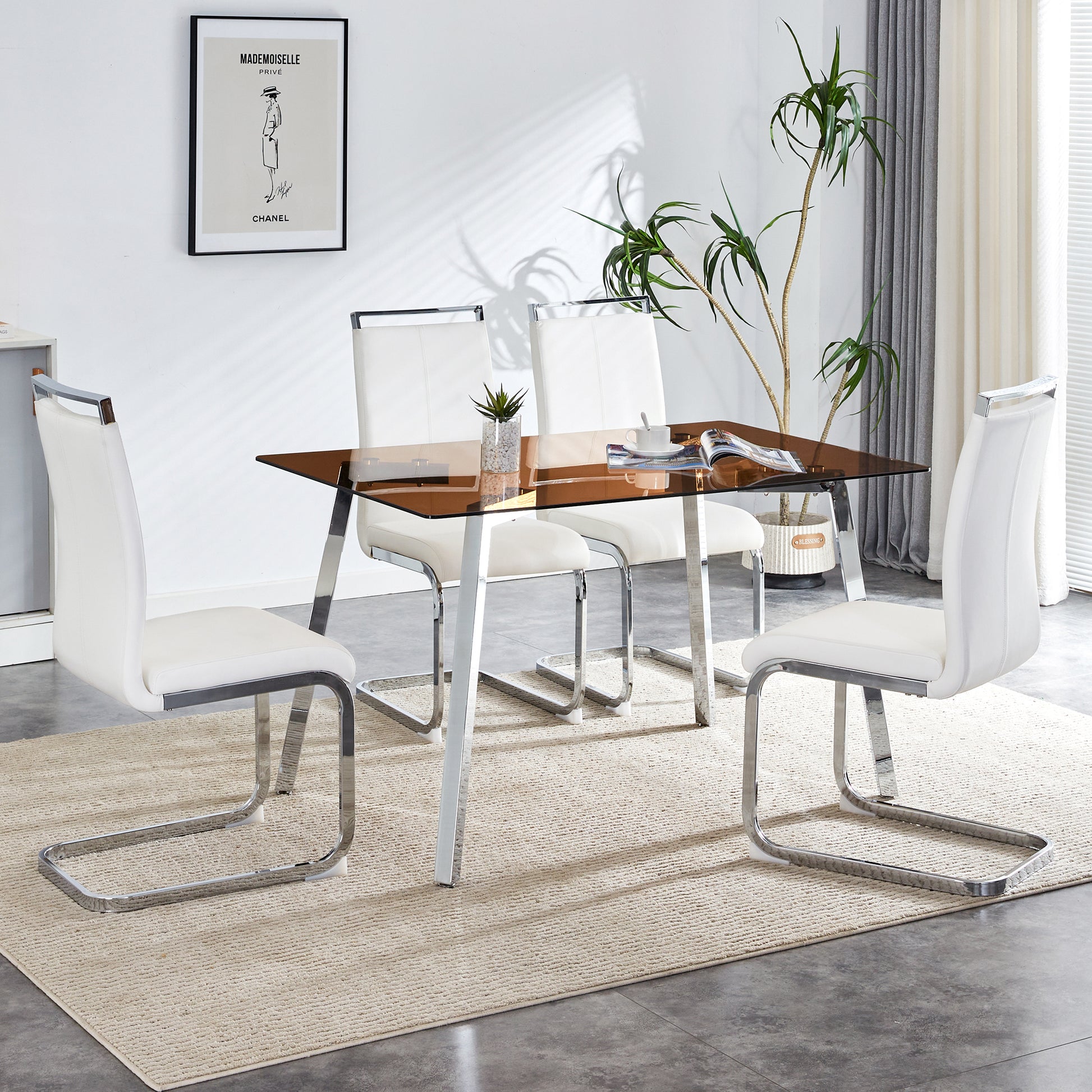 1 Table And 4 Chairs, Brown Tempered Glass Tabletop And Silver Metal Legs, Modern Minimalist Style Rectangular Glass Dining Table, Paired With 4 Modern Silver Metal Leg Chairs. 1123C 1162 Brown Seats 4 Glass