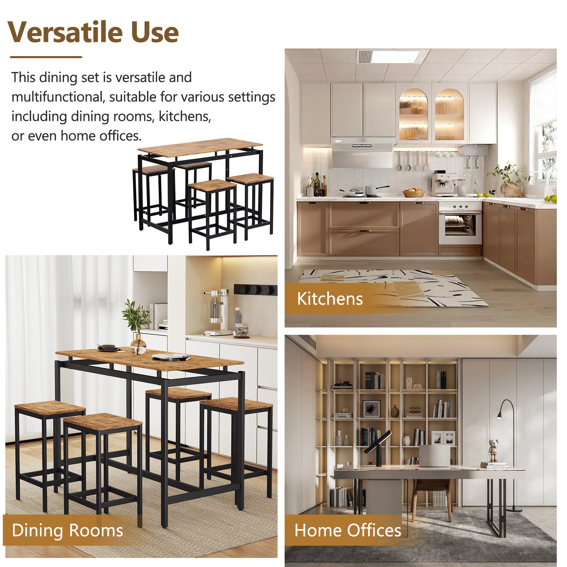 5 Piece Compact Bar Table Set With Table And Stools Modern Industrial Design, Space Saving Furniture For Dining Room And Breakfast Nook Brown Brown Mdf Steel