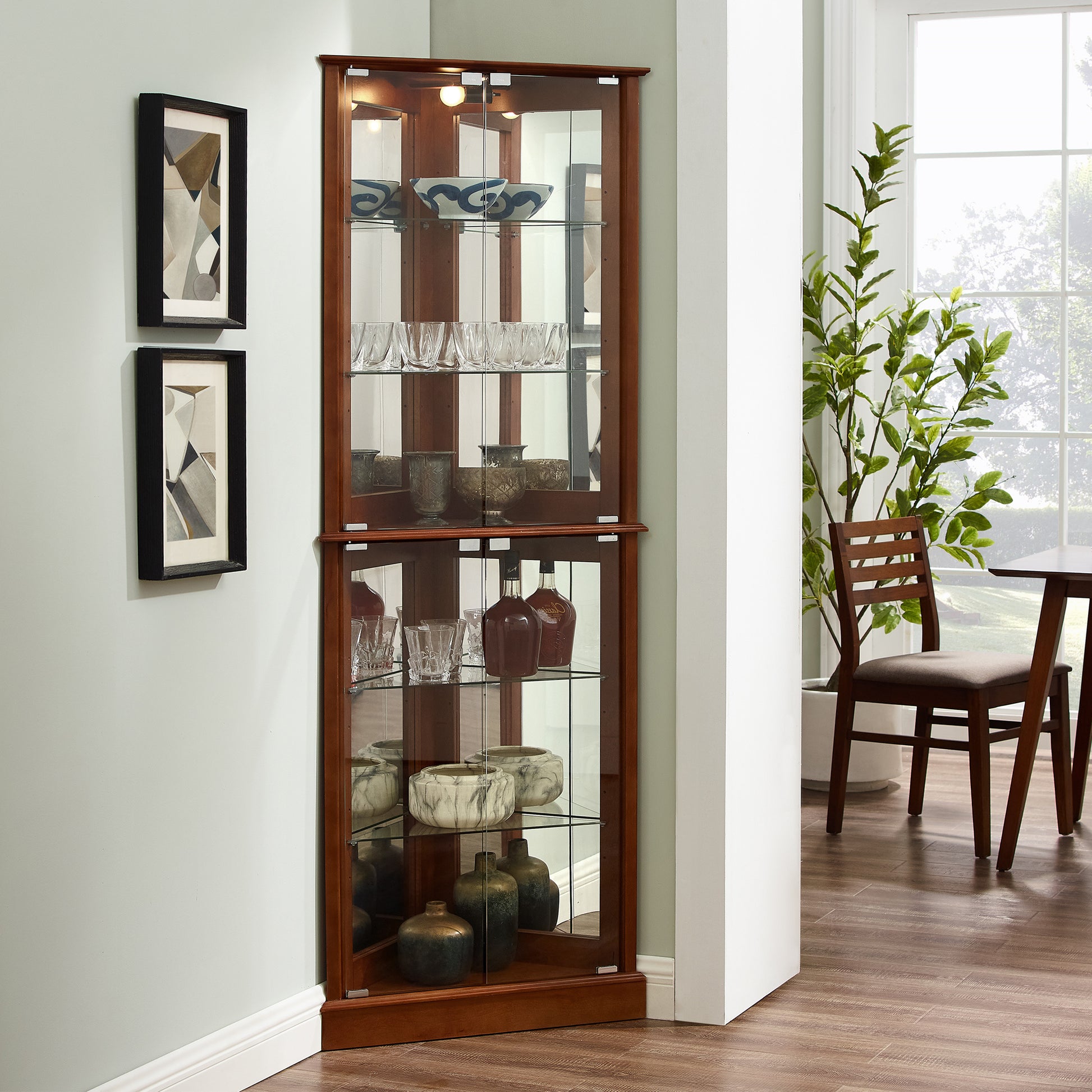 Corner Curio Dispaly Cabinet With Lights, Adjustable Tempered Glass Shelves, Mirrored Back,Walnut E26 Light Bulb Not Included Walnut Mdf