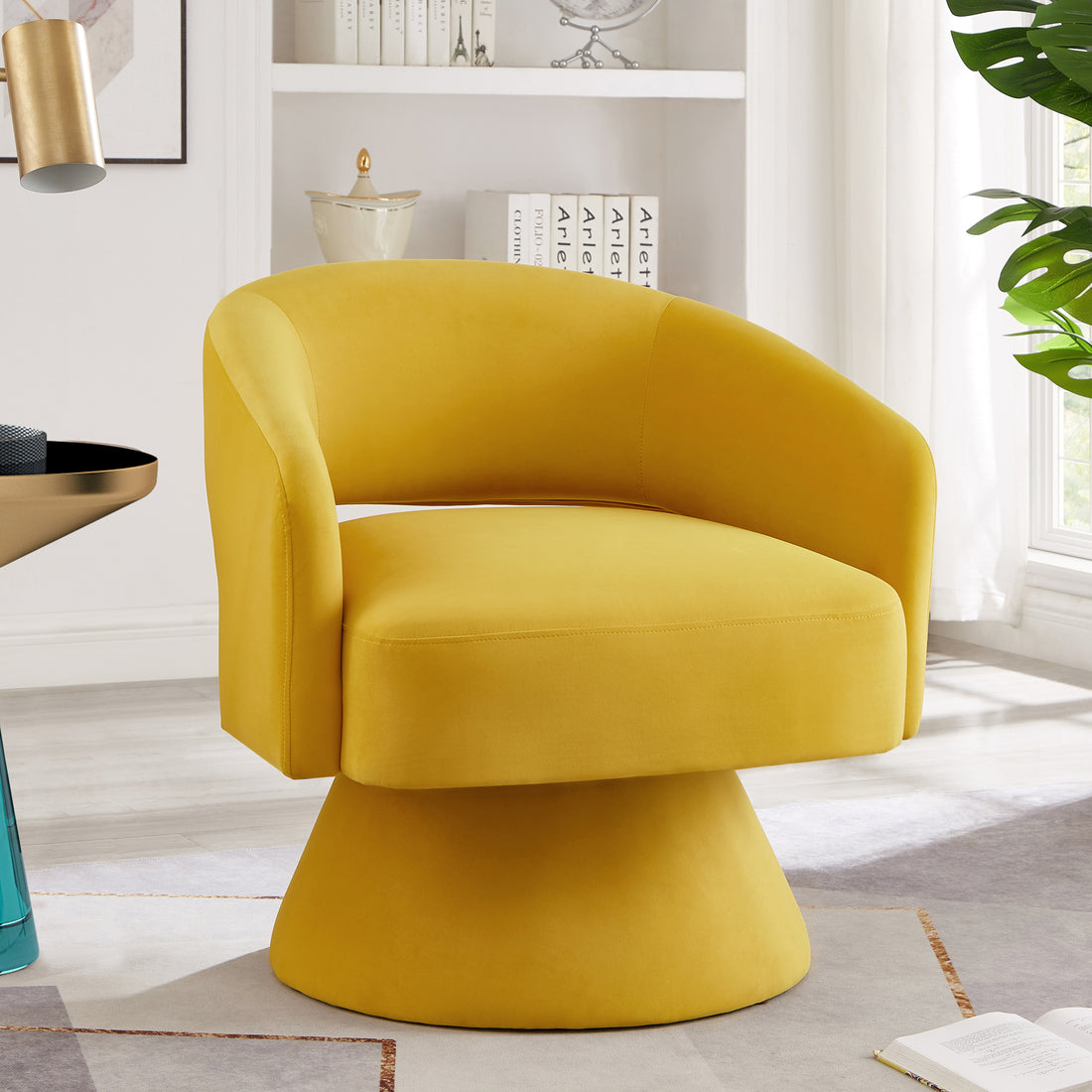 Modern Swivel Barrel Chair, Upholstered Velvet Round Accent Chairs,360 Degree Comfy Swivel Chair With Open Backrest, Single Chair Armchair For Living Room Bedroom, Homerest, Yellow Yellow Primary Living Space American Design,Contemporary,Luxury,Mid