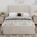 King Size Corduroy Upholstered Bed Frame With Vertical Stripe Wingback Headboard And High Footboard, Light Grey Light Grey Wood