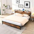 Industrial King Bed Frame With Led Lights And 2 Usb Ports, Bed Frame King Size With Storage, Noise Free, No Box Spring Needed, Rustic Brown Box Spring Not Required King Antique Brown Metal Brown Bedroom Industrial Metal & Wood
