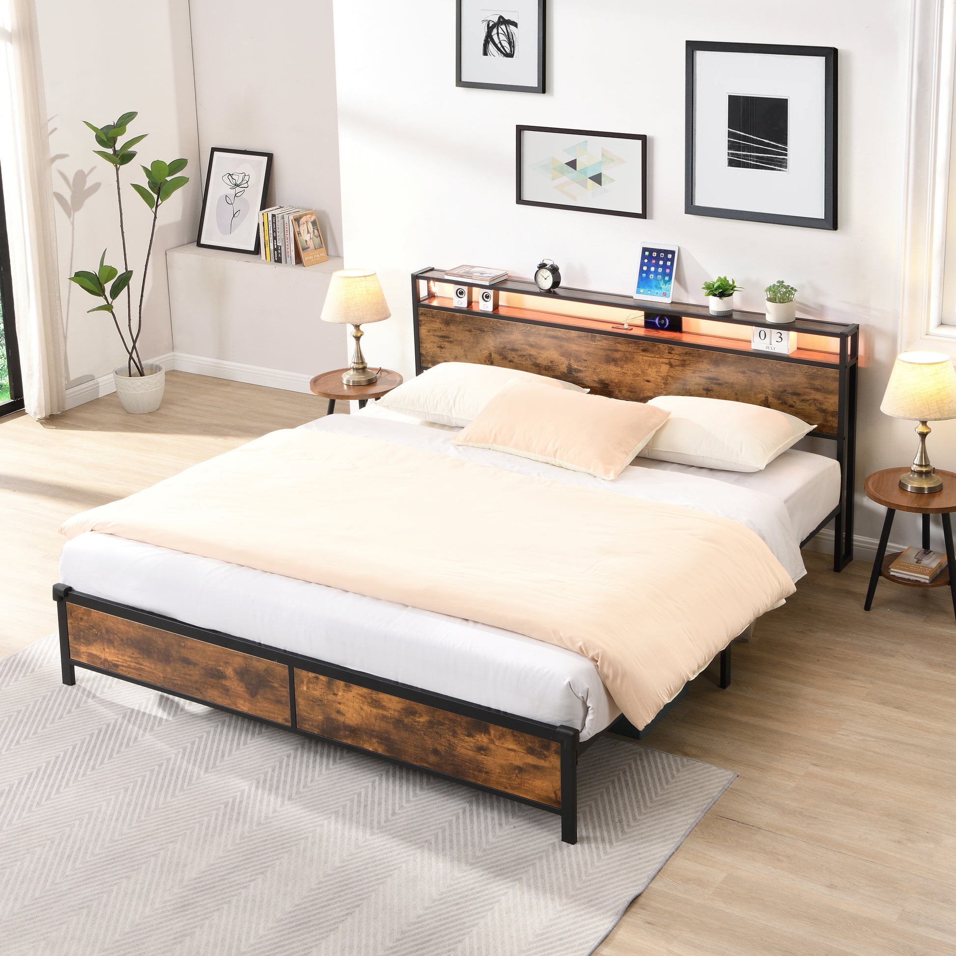 Industrial King Bed Frame With Led Lights And 2 Usb Ports, Bed Frame King Size With Storage, Noise Free, No Box Spring Needed, Rustic Brown Box Spring Not Required King Antique Brown Metal Brown Bedroom Industrial Metal & Wood