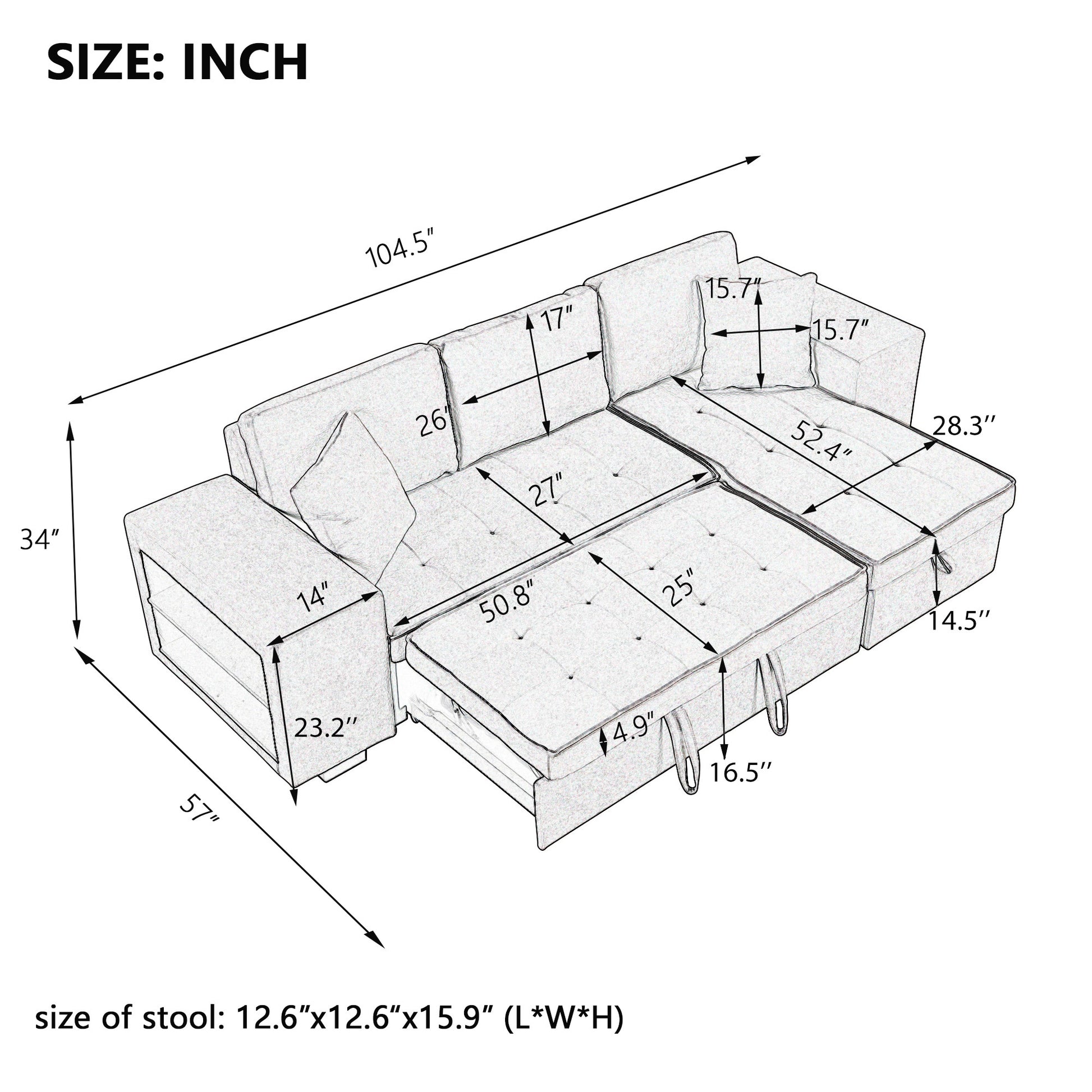 104.5" Pull Out Sleeper Sofa Reversible L Shape 3 Seat Sectional Couch With Storage Chaise And 2 Stools For Living Room Furniture Set,Gray Gray Foam Linen 3 Seat