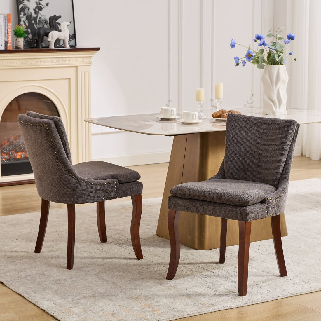 Modern Dining Chairs Set Of 2,Double Layer Cushioned Chenille Fabric Upholstered Accent Side Leisure Chairs With Mid Back And Curved Solid Wood Legs For Living Room Dining Room Gray Gray Dining Room American Design Dining Chairs Rubberwood Set Of 2 Foam