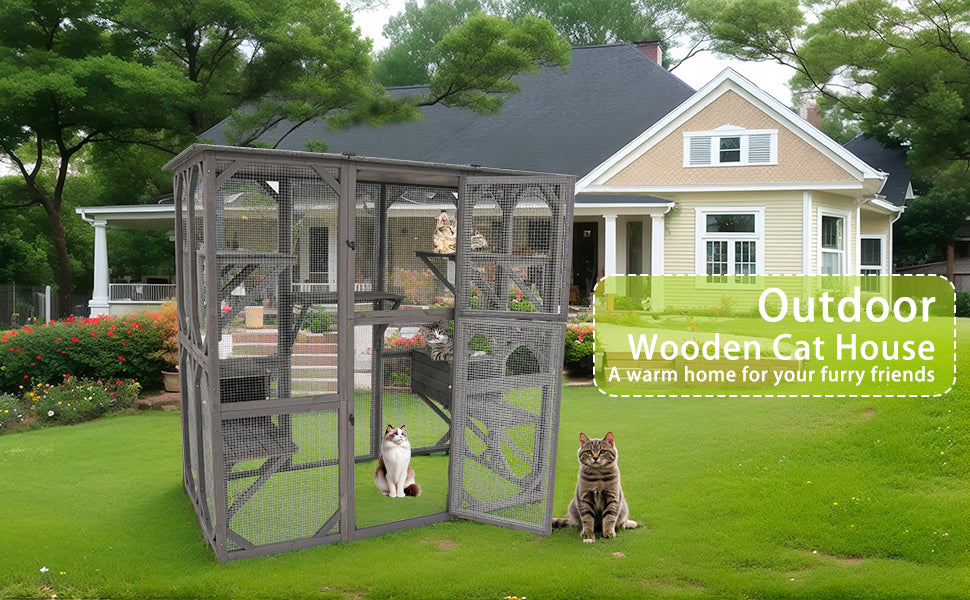 Catio Outdoor Cat Enclosure Cat Catio Cat House, Cat Cage Condo Indoor Playpen Kitty House Shelter With Multi Platforms, Waterproof Roof, Pull Out Tray 71.3" L X 38.4" W X 70.7" H Grey Solid Wood