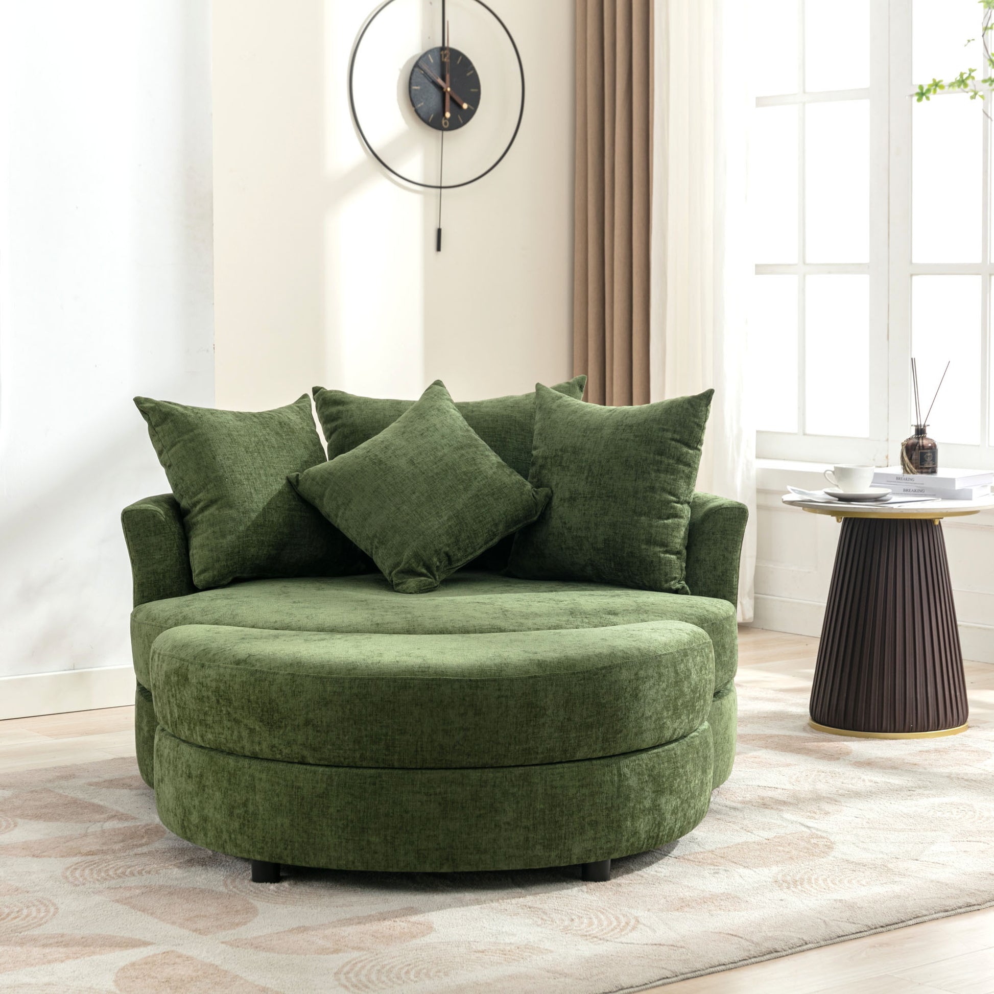 Orisfur. 360 Swivel Accent Barrel Chair With Storage Ottoman & 4 Pillows, Modern Chenille Leisure Chair Round Accent For Living Room, Green Green Foam Chenille