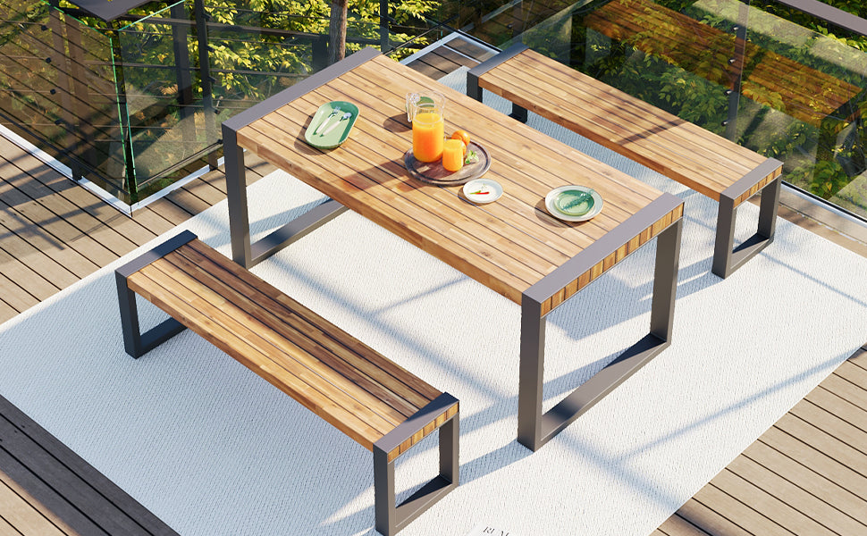 3 Pieces Outdoor Dining Table With 2 Benches, Patio Dining Set With Unique Top Texture, Acacia Wood Top & Steel Frame, All Weather Use, For Outdoor & Indoor, Natural No Acacia Wood Garden & Outdoor Acacia Wood