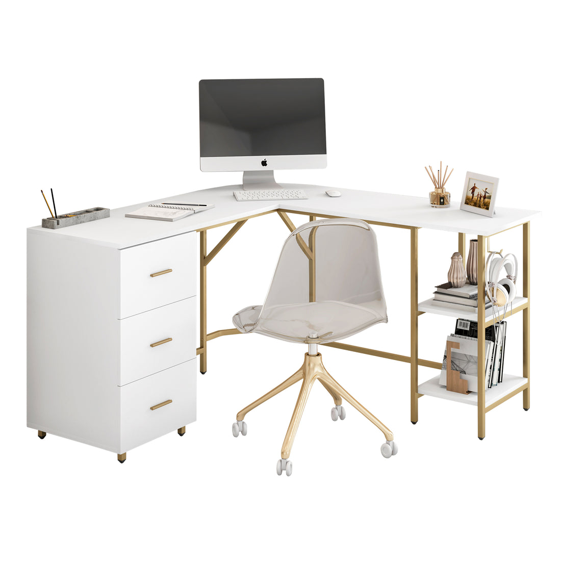 Techni Mobili L Shape Home Office Two Tone Desk With Storage, Gold Gold Computer Desk Office Modern L Shape Engineered Wood