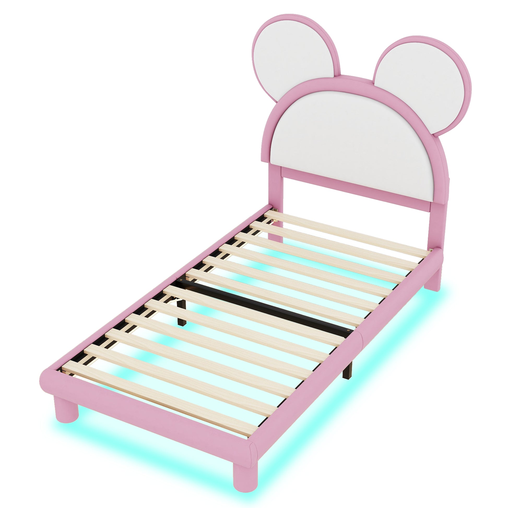 Twin Size Upholstered Platform Bed With Cartoon Ears Shaped Headboard And Led, White&Pink Box Spring Not Required Twin White Pink Bedroom Bed Frame Faux Leather Upholstered
