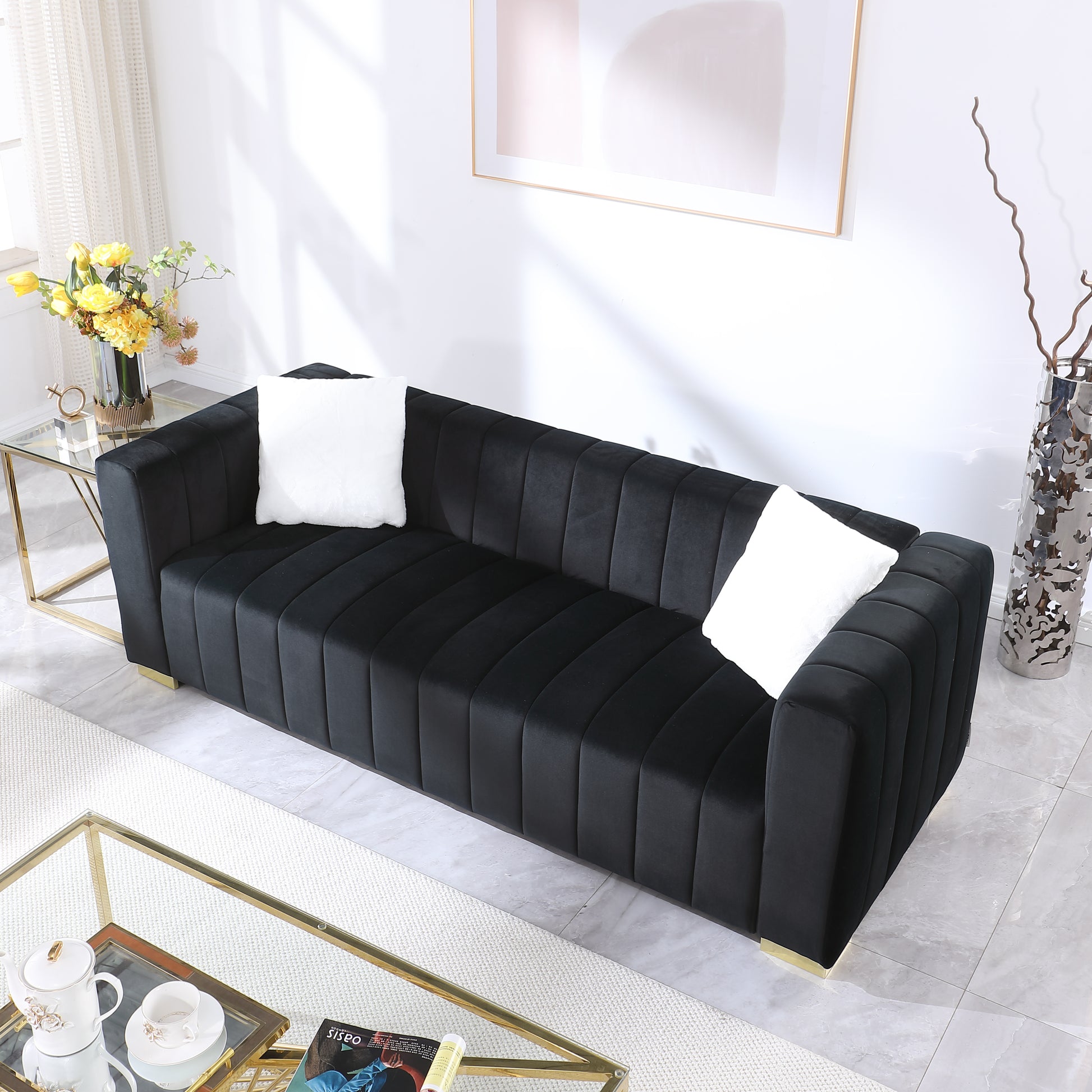 A Modern Channel Sofa Take On A Traditional Chesterfield,Black Color,3 Seater Black Velvet 3 Seat