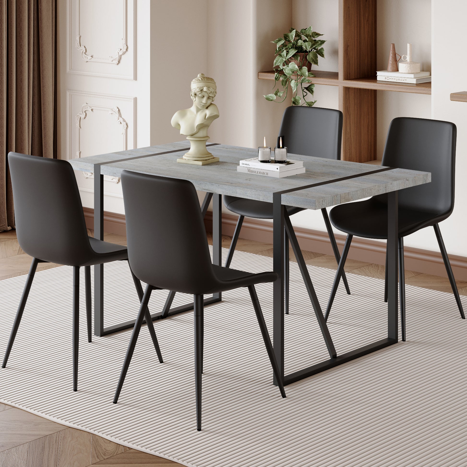 Table And Chair Set. Modern Minimalist Grey Marble Textured Mdf Dining Table With Metal Frame. Comes With Chairs With 4 Pu Cushions And Black Metal Legs. Black Seats 4 Mdf Metal