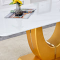 Modern Simple Luxury White Imitation Marble Decorative Glass Dining Table, Golden Legs, Rectangular Desk. A Computer Desk. Games Table, Dining Room, Living Room, Terrace, Kitchen. Gold White Mdf