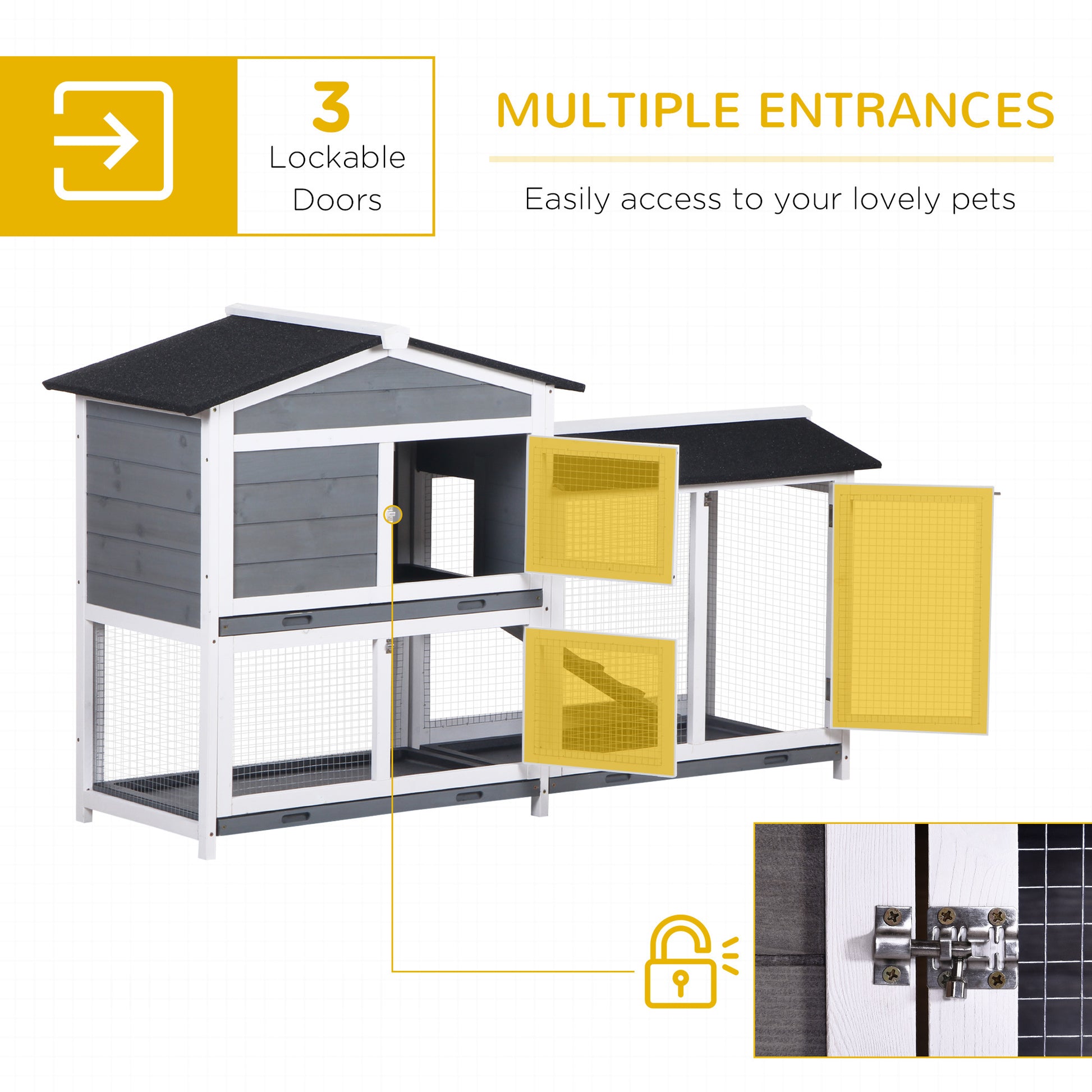 Pawhut 62" Rabbit Hutch, Wooden Bunny Hutch, Guinea Pig Cage, Small Animal Enclosure With Run Area, Removable Tray, Asphalt Roof, Lockable Doors And Ramp, Gray Grey Wood