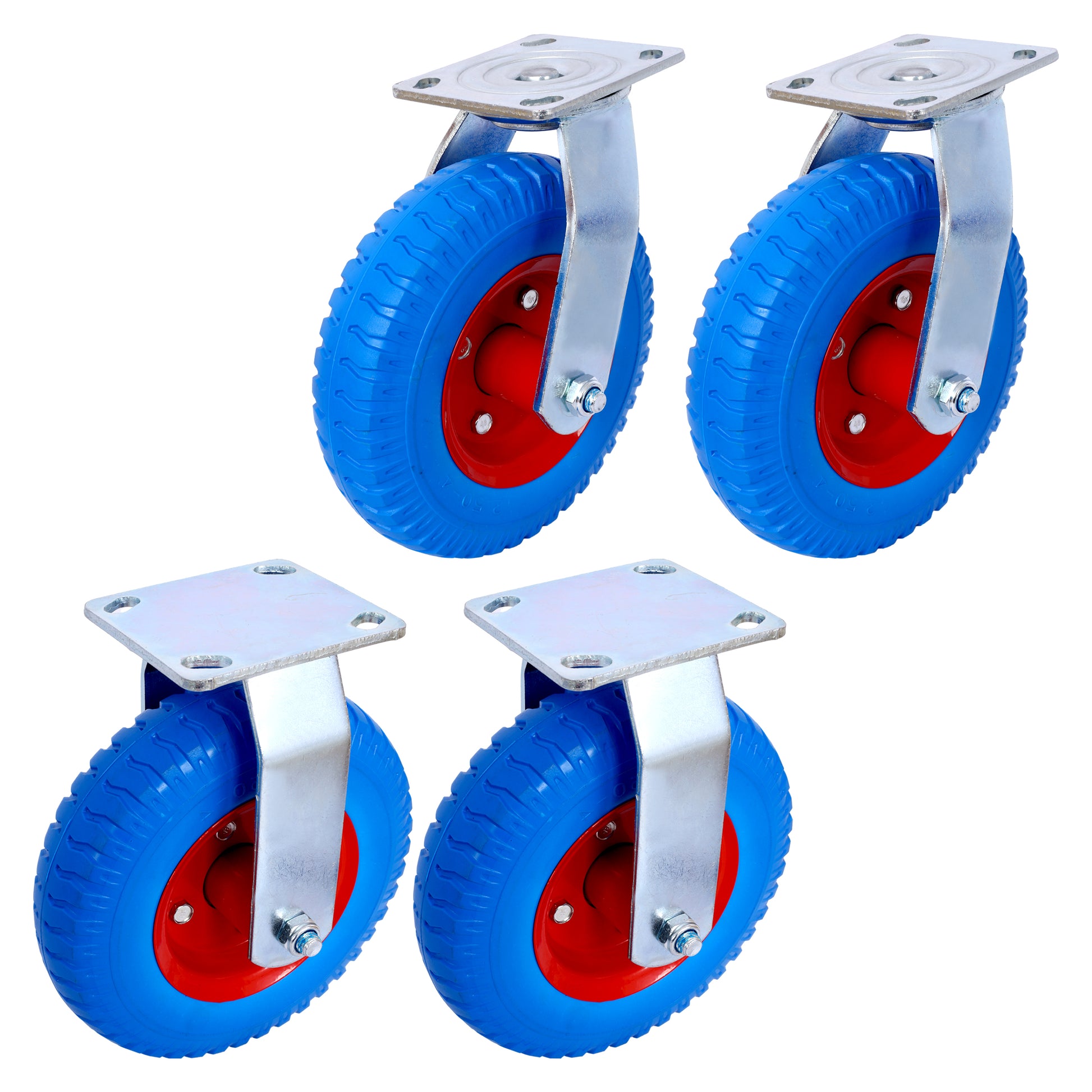 4Pcs 8In Caster Flat Free 2Pcs Swivel 2Pcs Rigid , Caster Wheel, Swivel Plate, Steel Hub With Ball Bearings, 5 8 Inch Bore Centered Axle Blue Blue Rubber