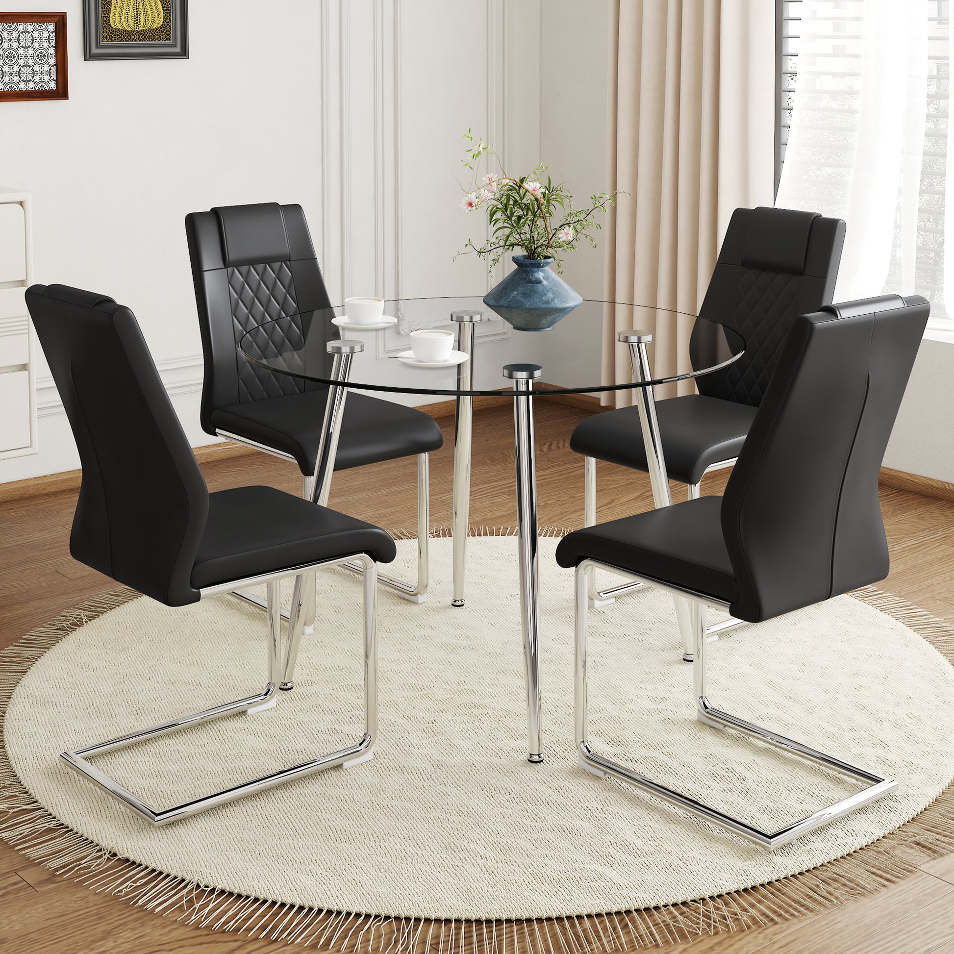 Table And Chair Set.A Modern Minimalist Round Dining Table With Transparent Tempered Glass Top And Silver Metal Legs,And 4 Chairs With Pu Backrest And Seat Cushion And Silver C Tube Metal Legs. Black,Transparent Seats 4 Glass Metal