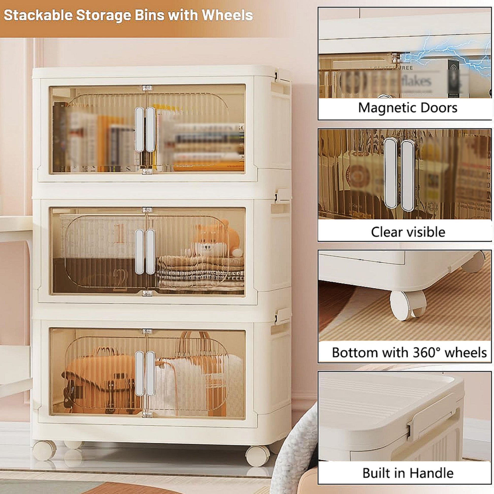 19.69" Side Wide Folding Storage Cabinet ,3 Tiers,19.69" 11.81" 31.1",Collapsible Storage Bins With Magnetic Door, Plastic Storage Cabinet With Wheels, Closet Organizers And Storage Containers Cream White Plastic