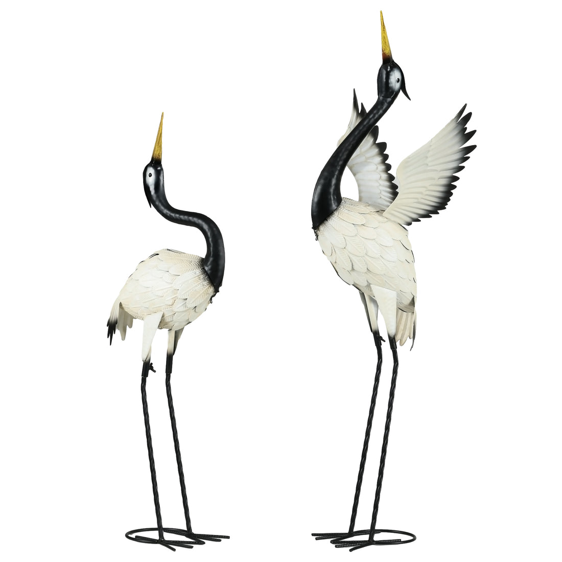 Outsunny Heron Garden Statues, 35.5" & 40.5" Standing Bird Sculptures, Metal Yard Art Decor For Lawn, Patio, Backyard, Landscape Decoration Set Of 2, White & Black Multicolor Steel