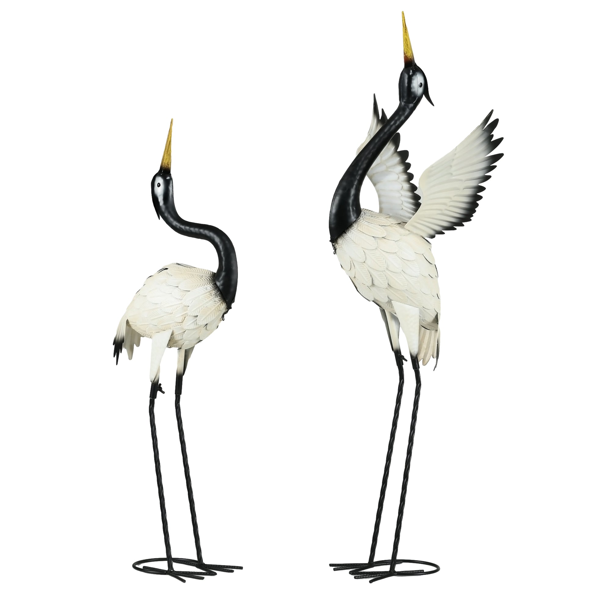 Outsunny Heron Garden Statues, 35.5" & 40.5" Standing Bird Sculptures, Metal Yard Art Decor For Lawn, Patio, Backyard, Landscape Decoration Set Of 2, White & Black Multicolor Steel