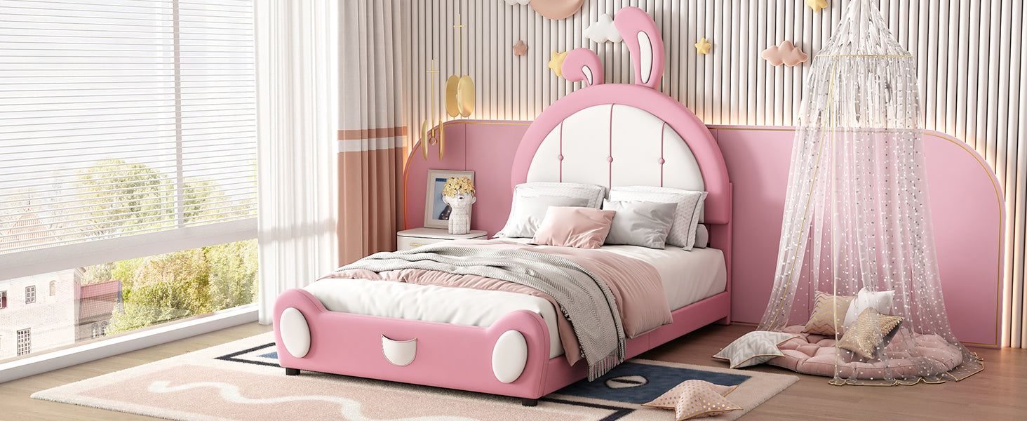 Twin Size Upholstered Platform Bed With Rabbit Shaped Headboard, Pink Box Spring Not Required Twin Pink White Wood Bedroom Bed Frame Faux Leather Upholstered