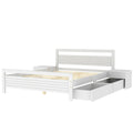 Queen Size Wooden Platform Bed With 2 Storage Drawers And 2 Bedside Tables, White Queen White Pine